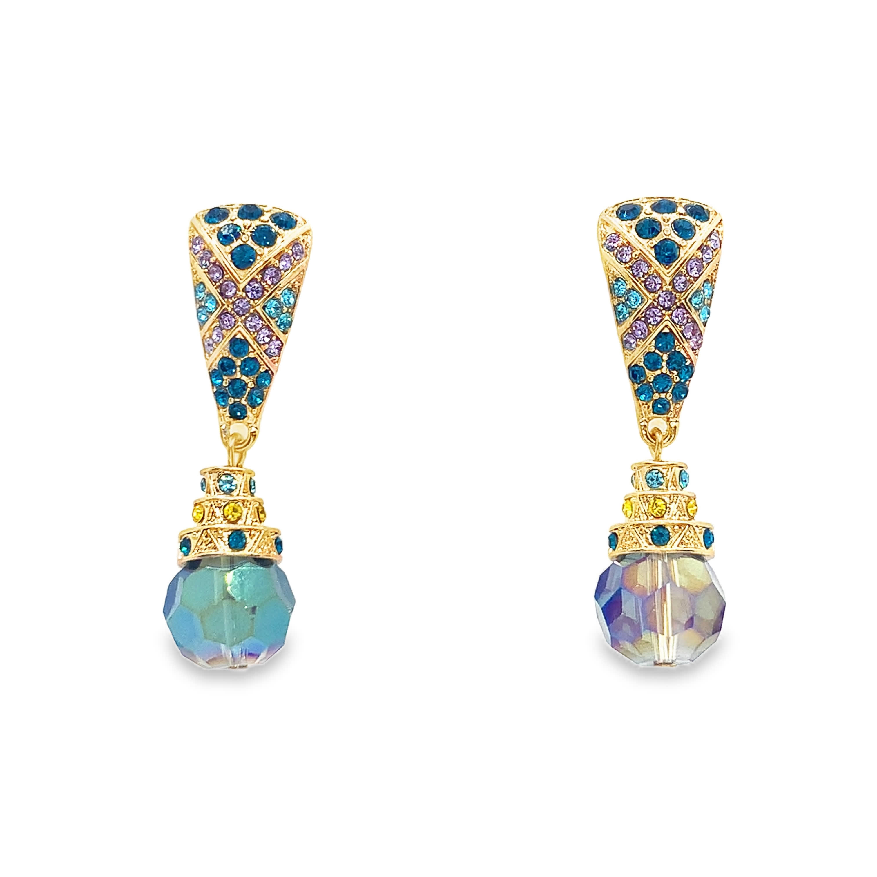 Złocone kolczyki wiszące z niebieskim kryształem