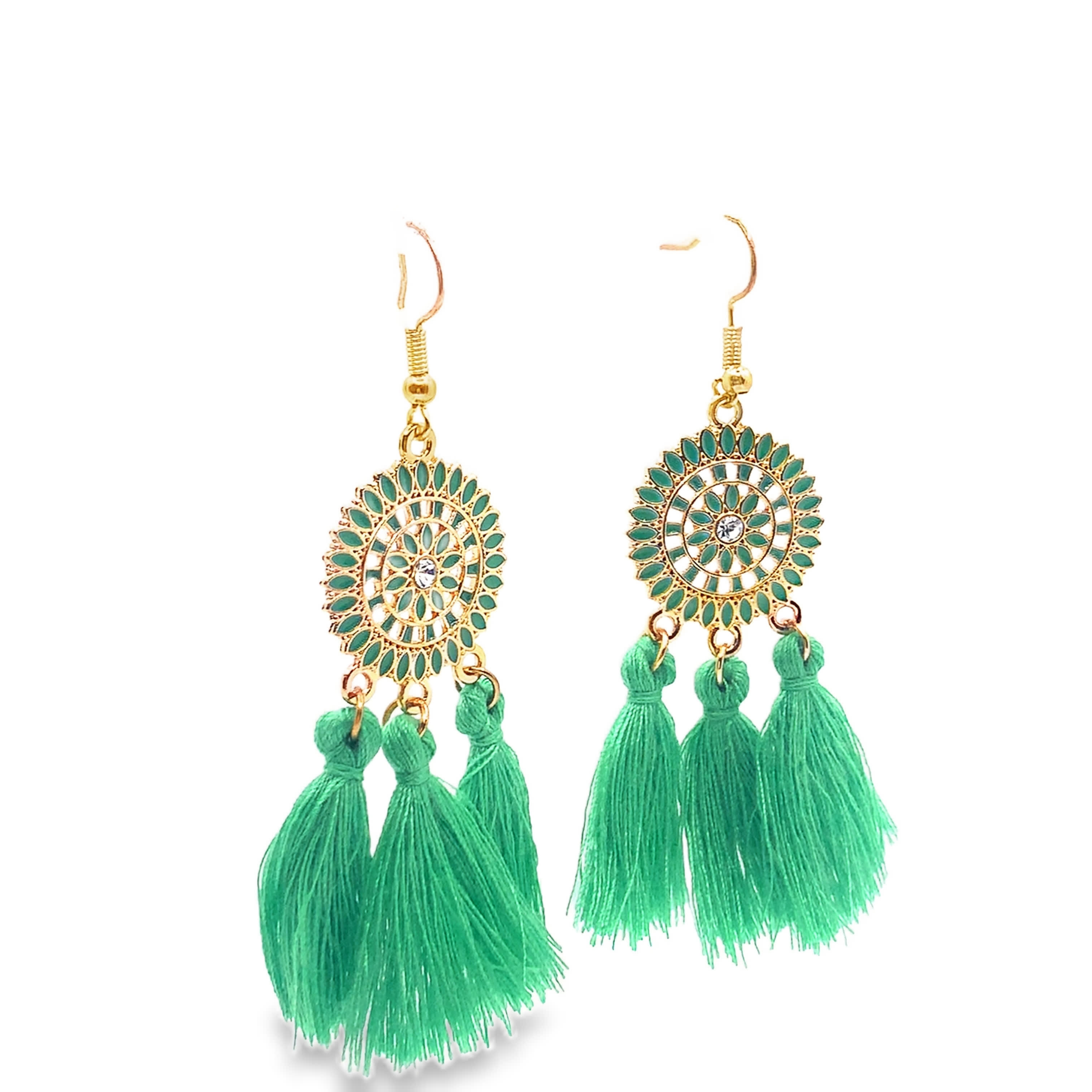 Złocone kolczyki z zielonymi frędzlami