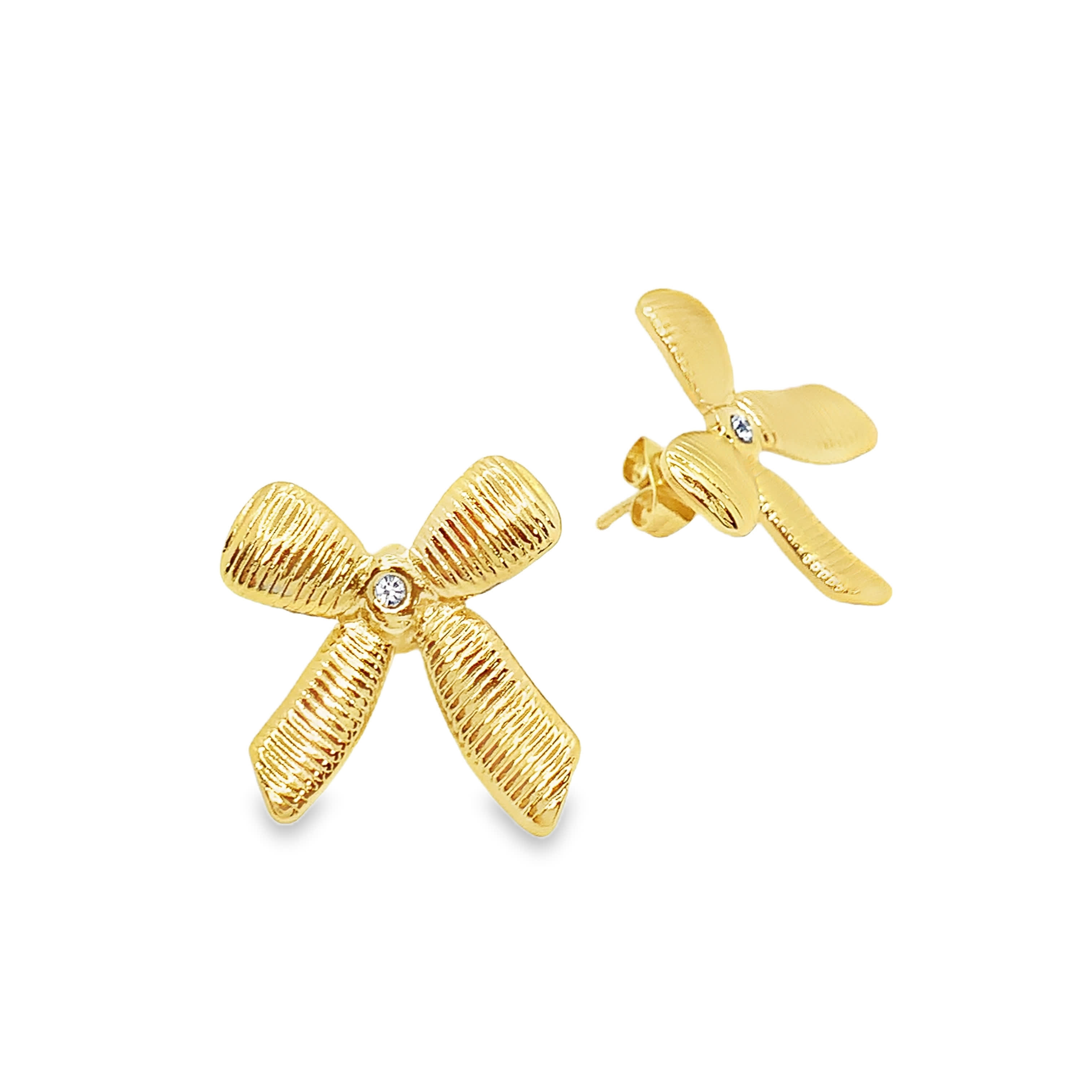 Złocone kolczyki z okrągłym brylantowym szlifem i kokardką