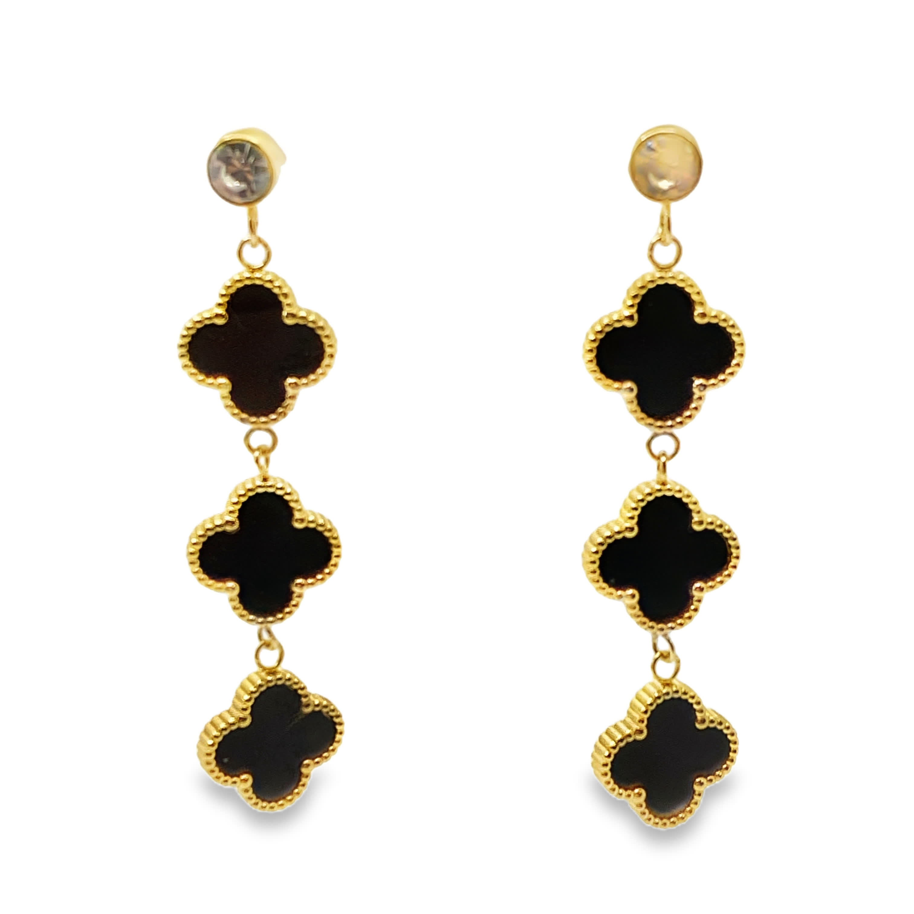 Złocone wiszące kolczyki z zawieszkami z onyksu w kształcie koniczyny