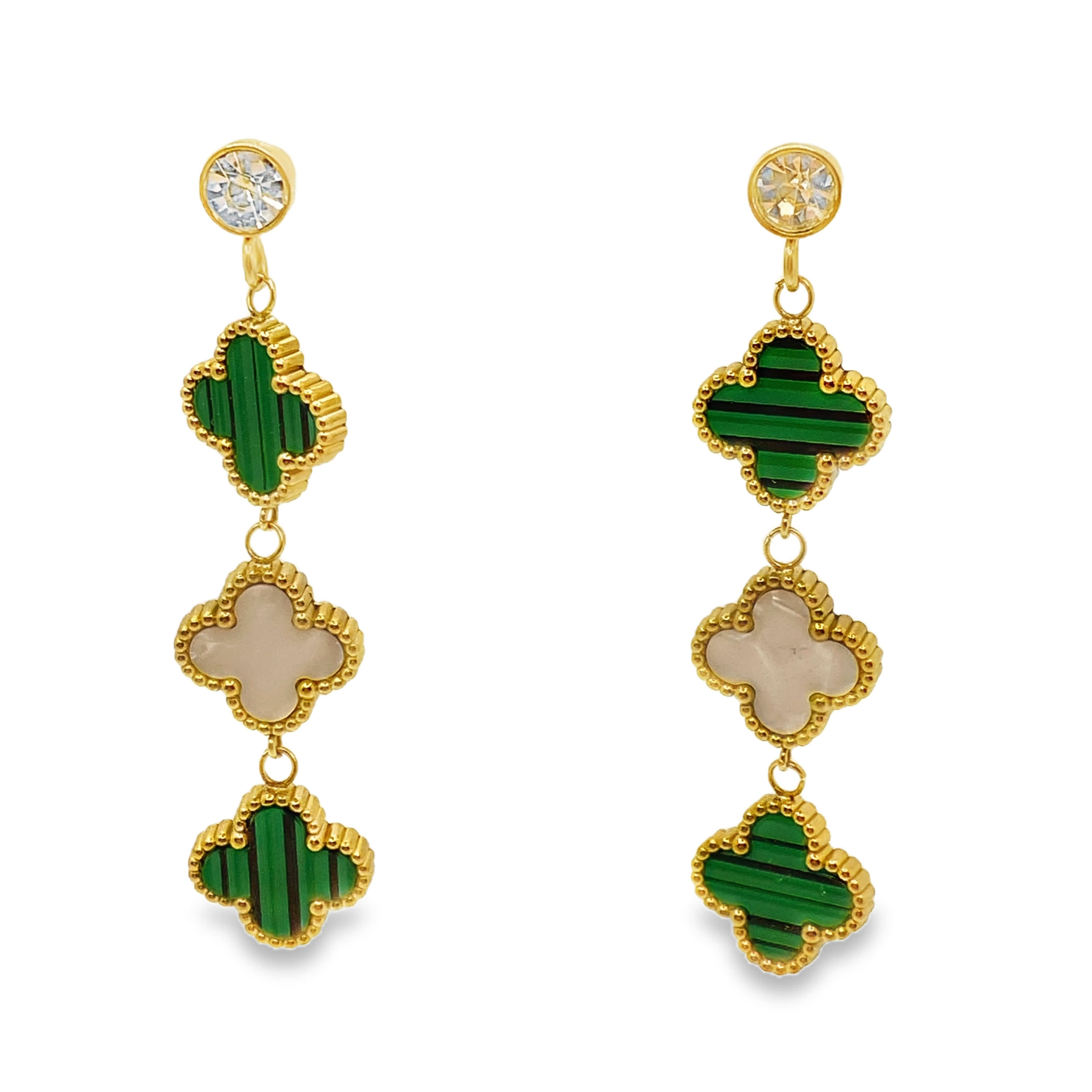 Złocone wiszące kolczyki z malachitowymi kaboszonami i okrągłymi kamieniami