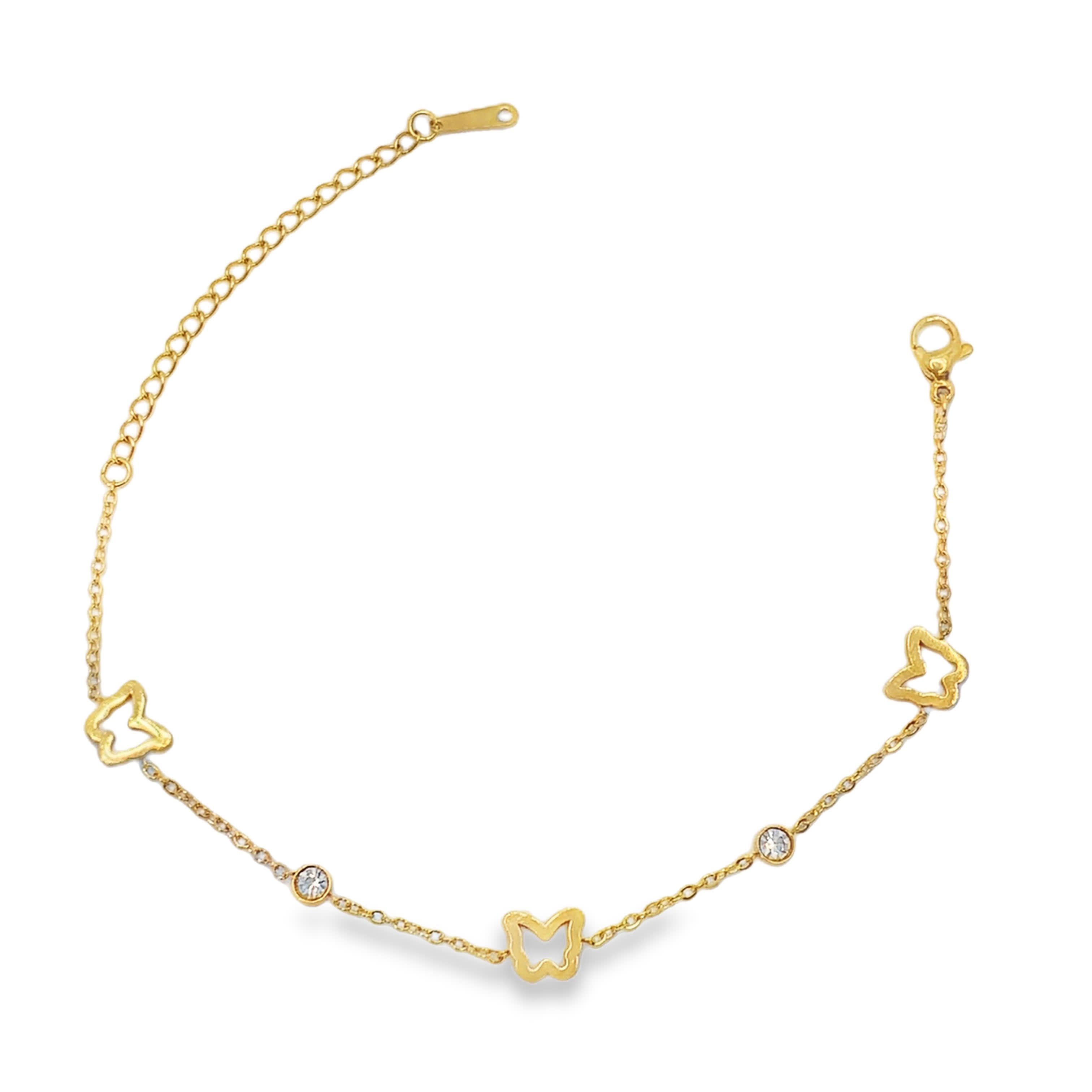 Delikatna bransoletka ze złoconej stali z łańcuszkiem w kształcie motyla i akcentami i