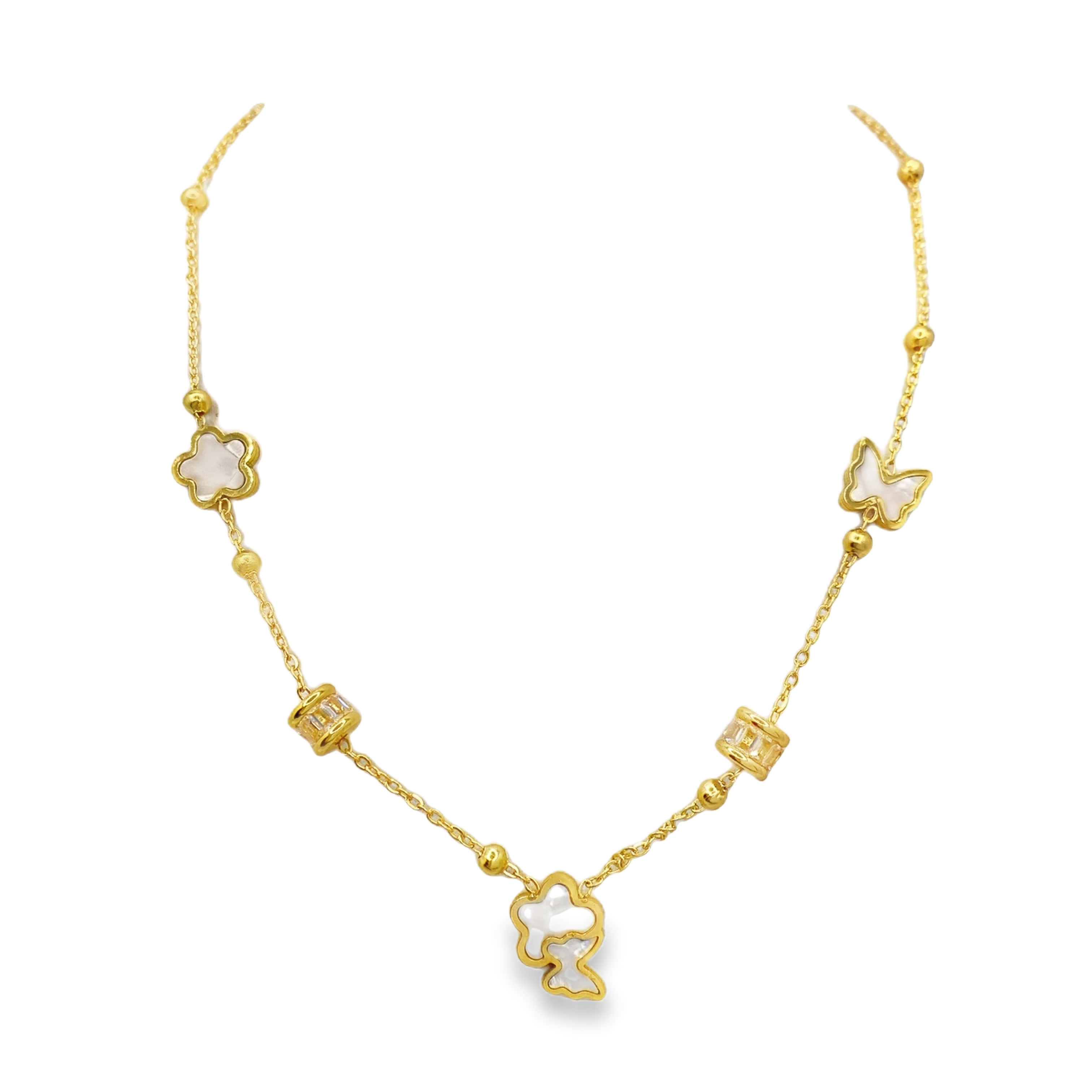 Elegancki naszyjnik ze złoconej stali z kwiatowymi i motylkowymi akcentami