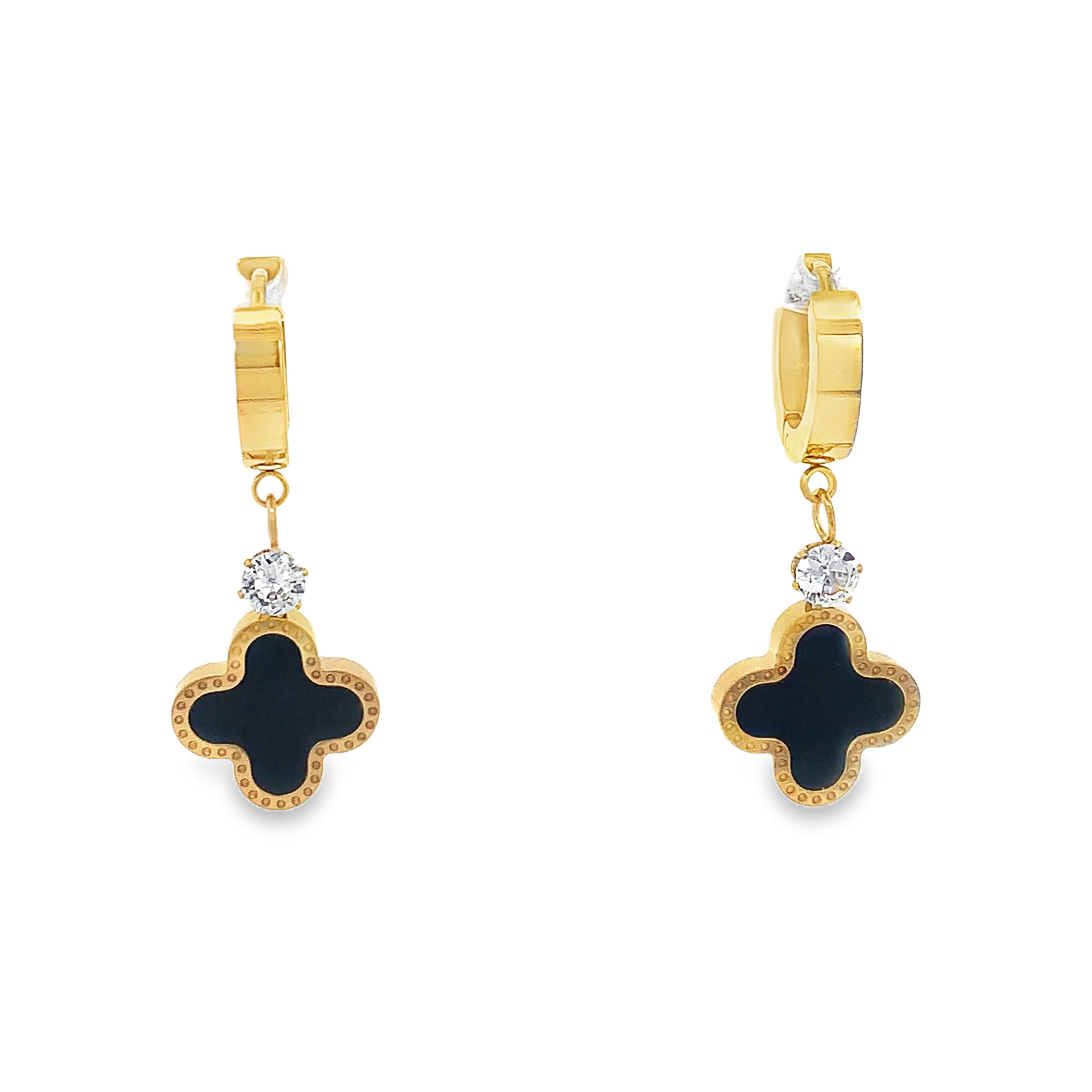 Złocone wiszące kolczyki z koniczyną i kryształowym akcentem