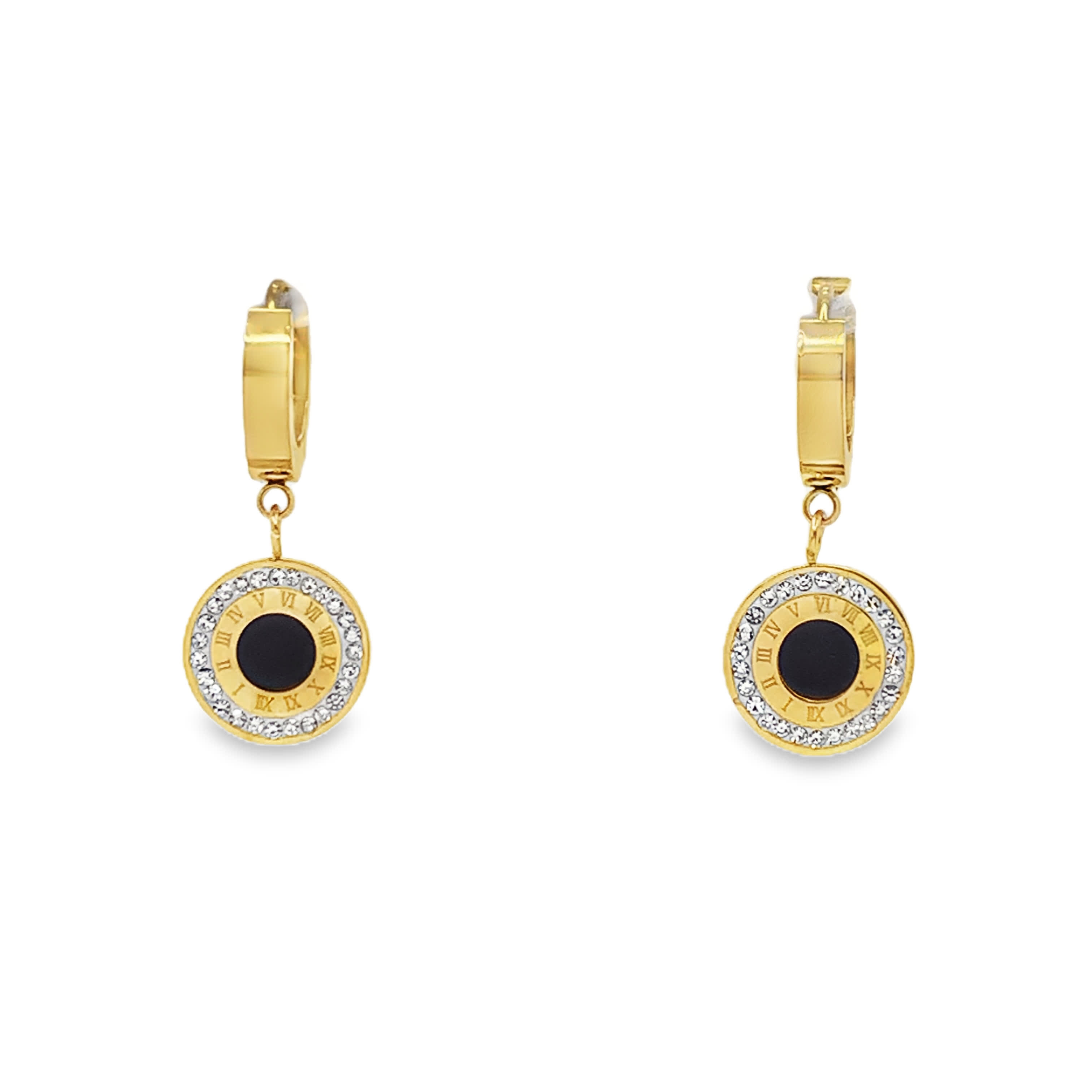 Złocone wiszące kolczyki z kamieniem szlachetnym onyksowym w kształcie kaboszonu