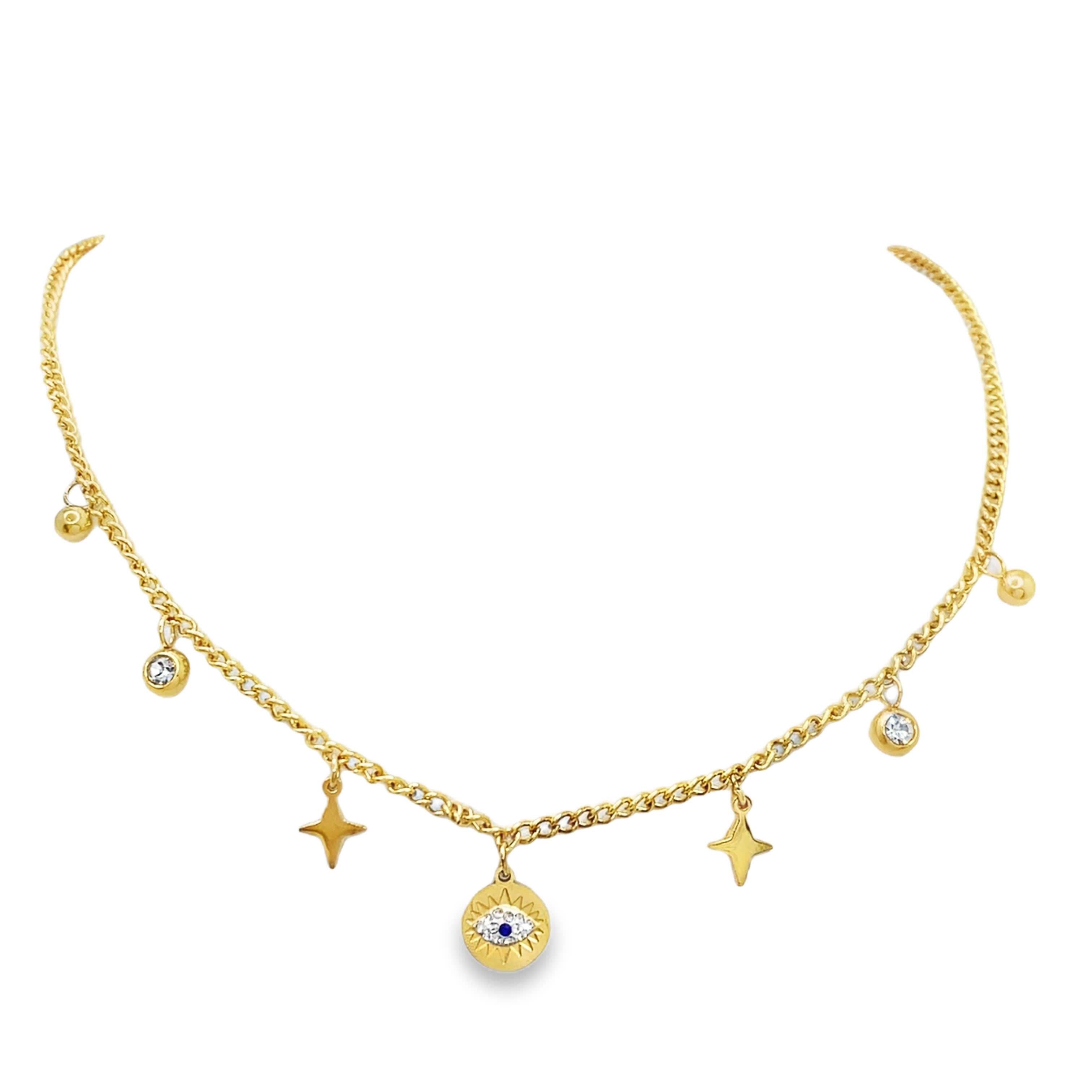 Złocony naszyjnik z zawieszkami i niebieskim kryształowym kaboszonem