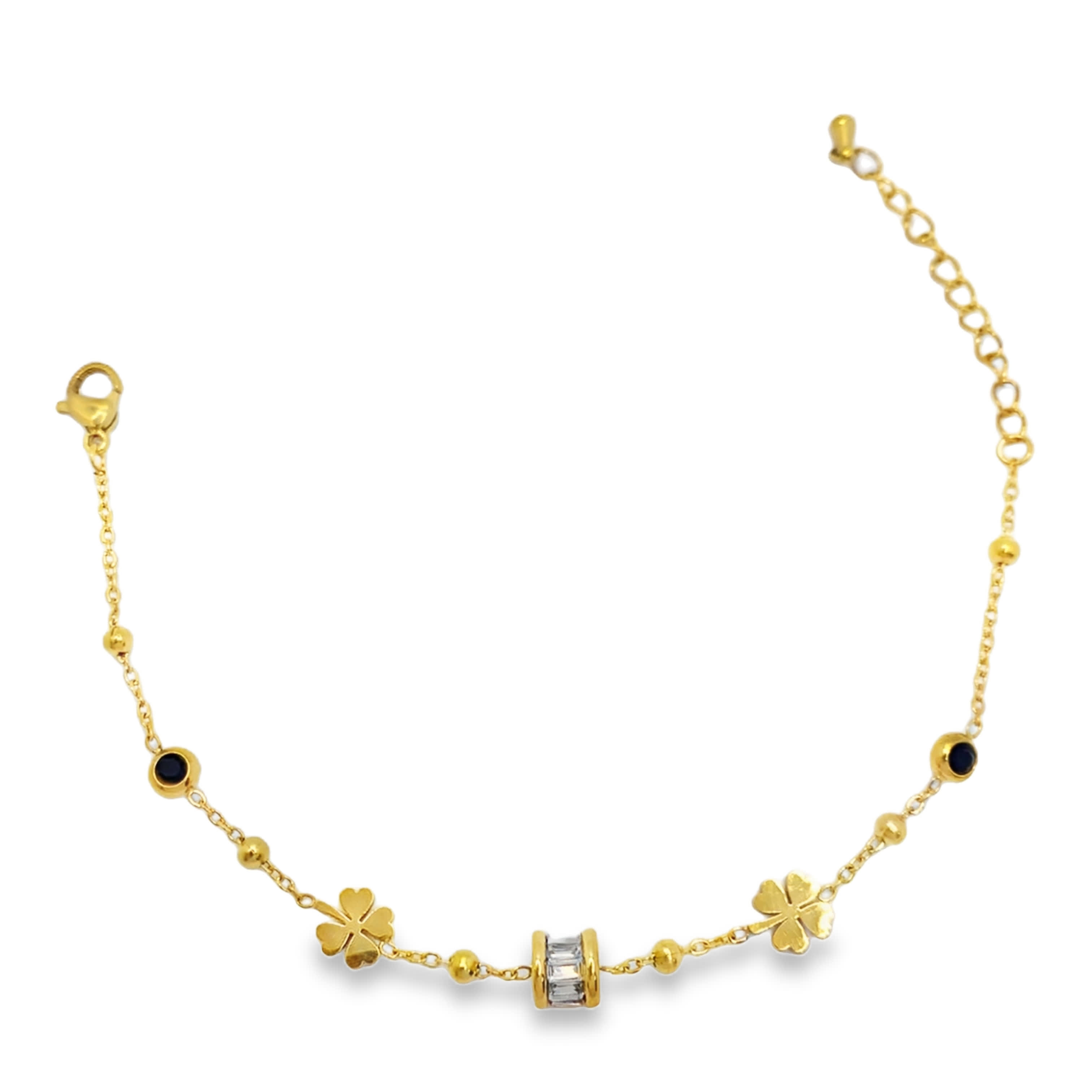 Bransoletka ze złoconej stali z łańcuszkiem i akcentami onyksowymi oraz kryształową zawieszką