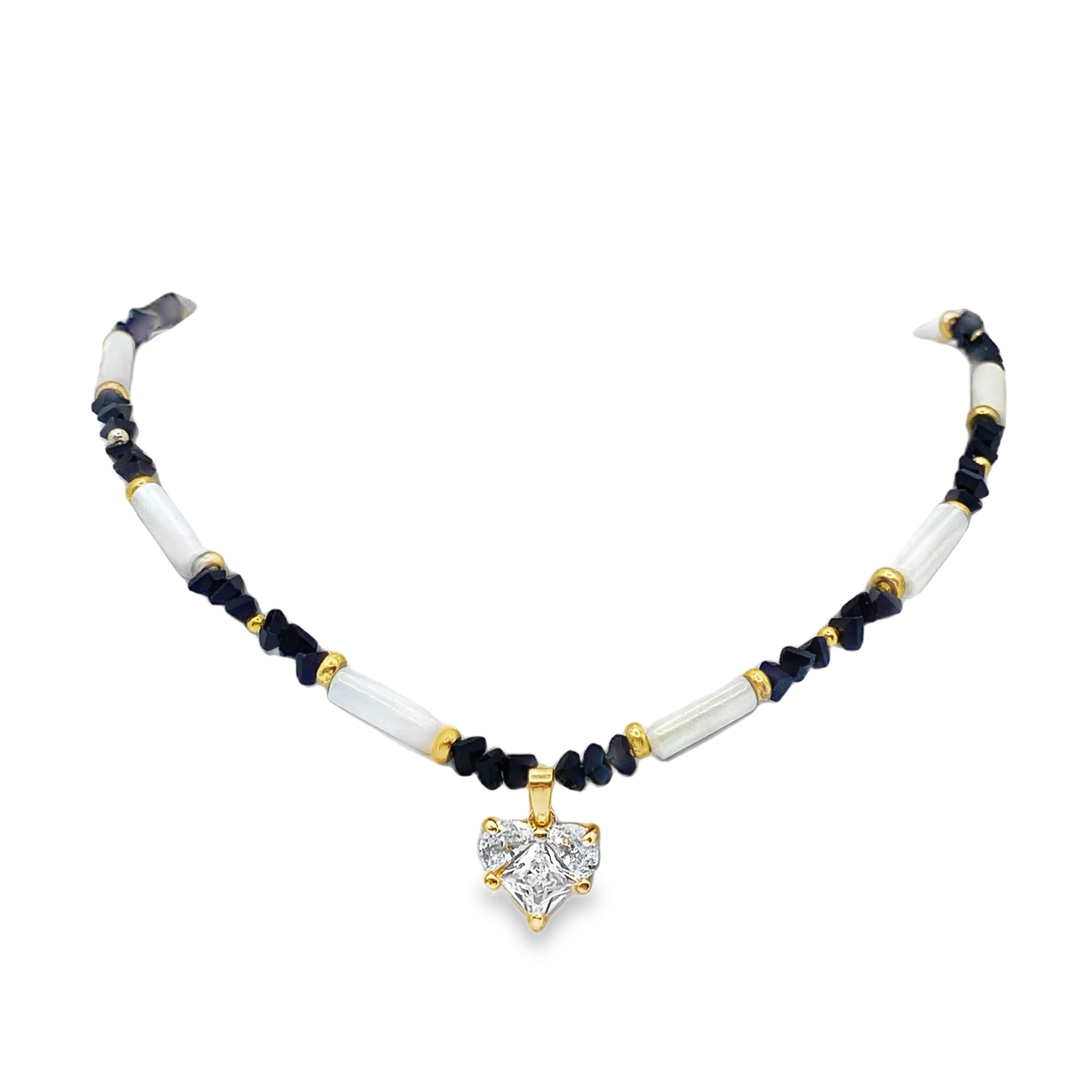 Naszyjnik z koralików z kryształową zawieszką w kształcie serca w żółtej stali