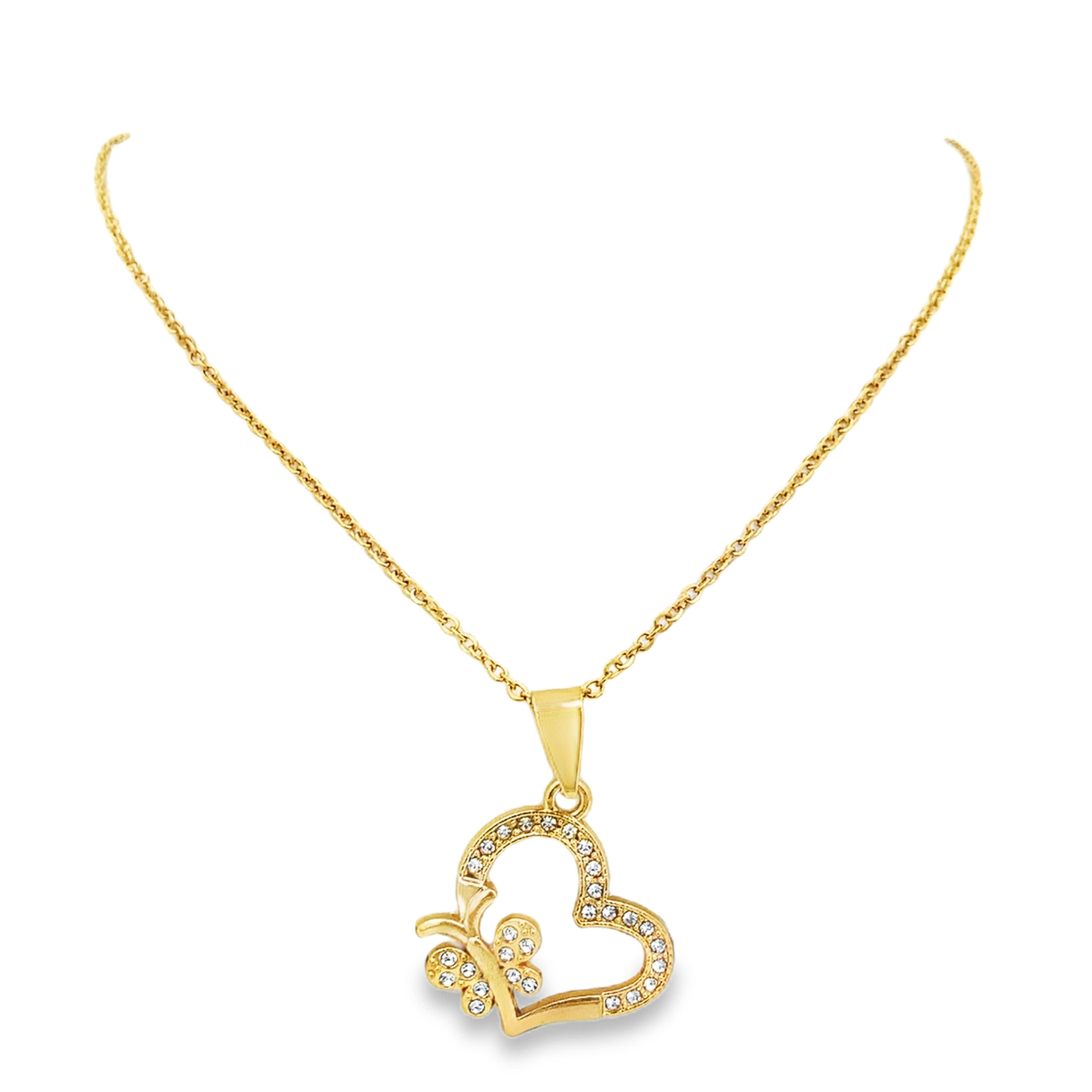 Naszyjnik z zawieszką w kształcie serca ze złoconej stali z okrągłymi kamieniami