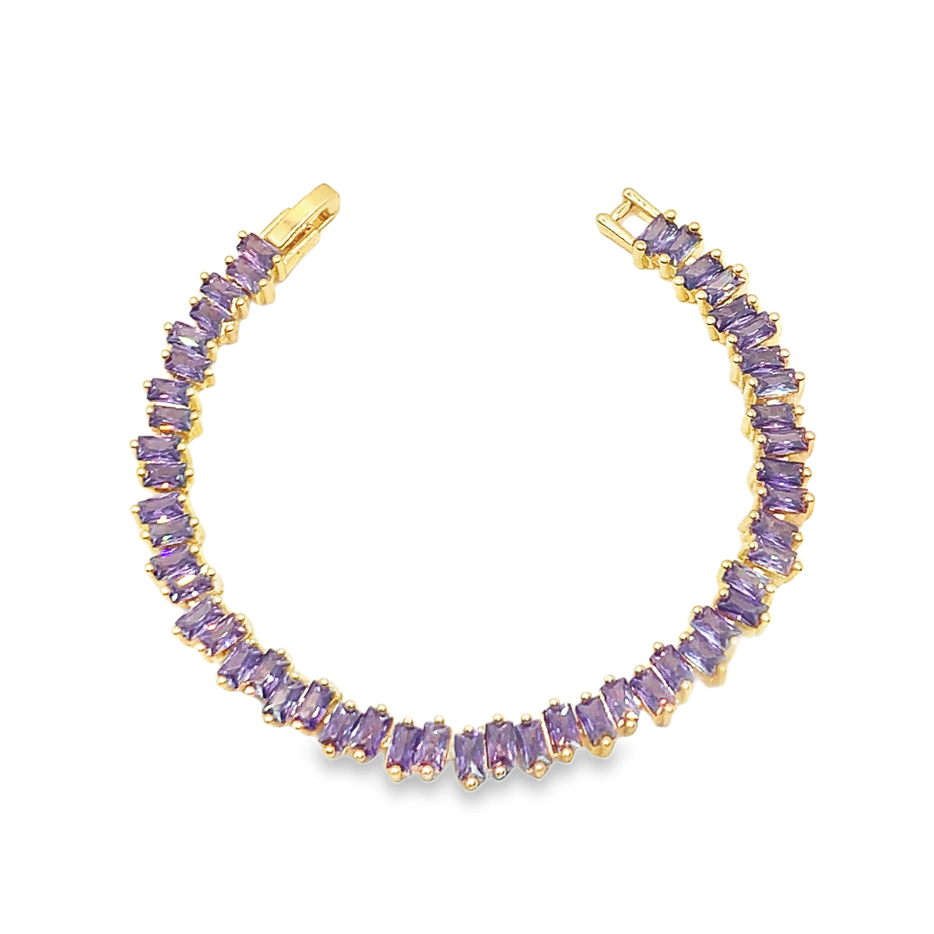 Bransoletka tenisowa w kolorze żółtego złota z ametystami bagietkowymi
