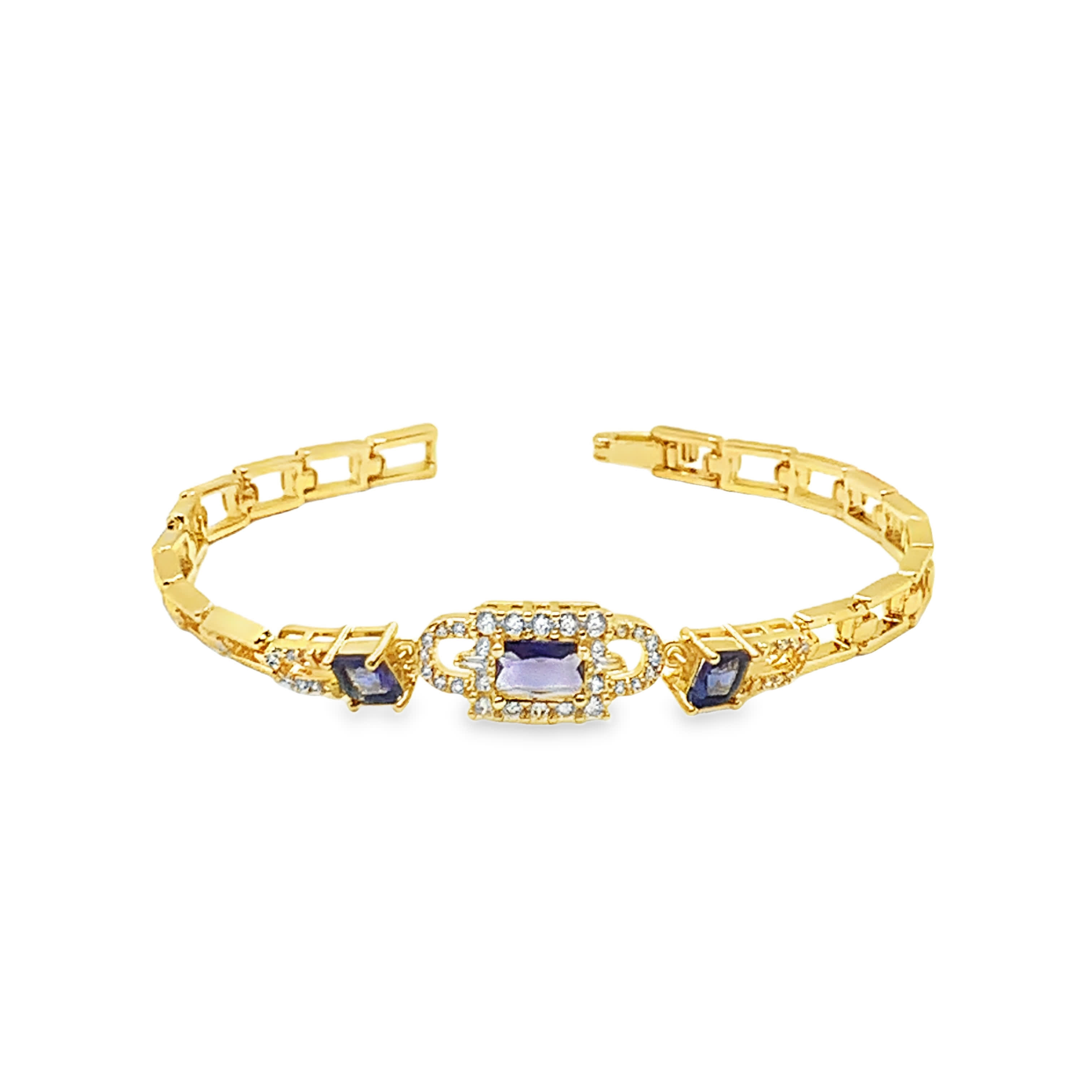 Bransoletka w kolorze żółtego złota z łańcuszkiem i ametystem o szlifie szmaragdowym