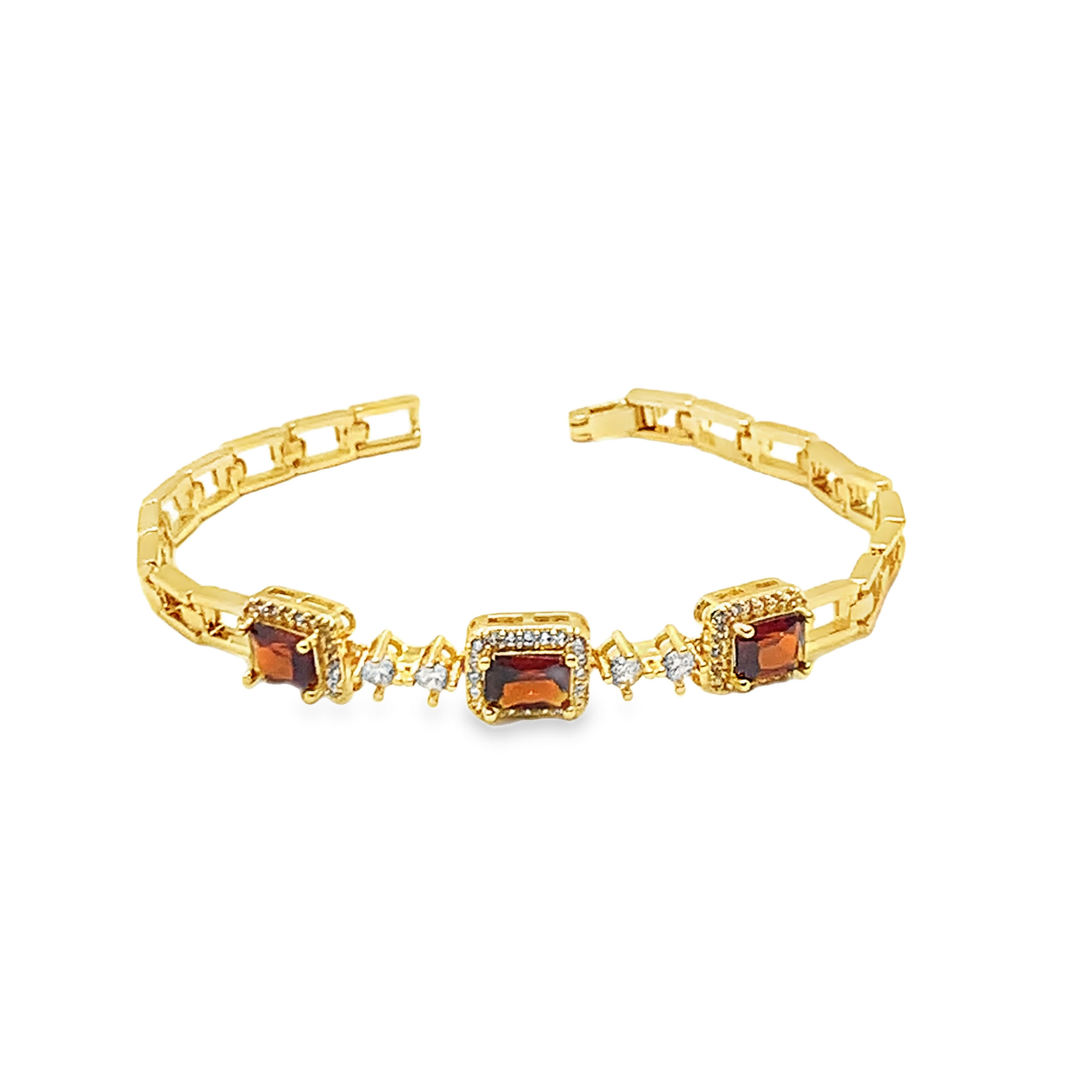 Bransoletka tenisowa w kolorze żółtego złota z kwadratowymi granatami