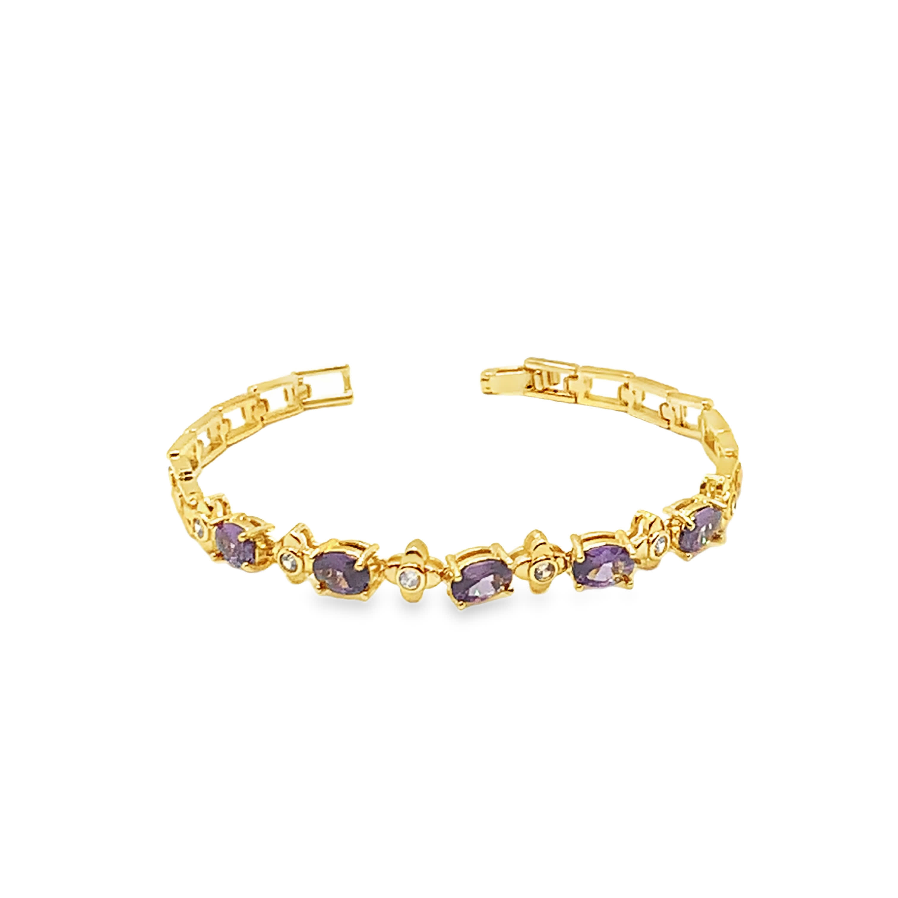 Bransoletka tenisowa w kolorze żółtego złota z ametystami w kształcie kaboszonu