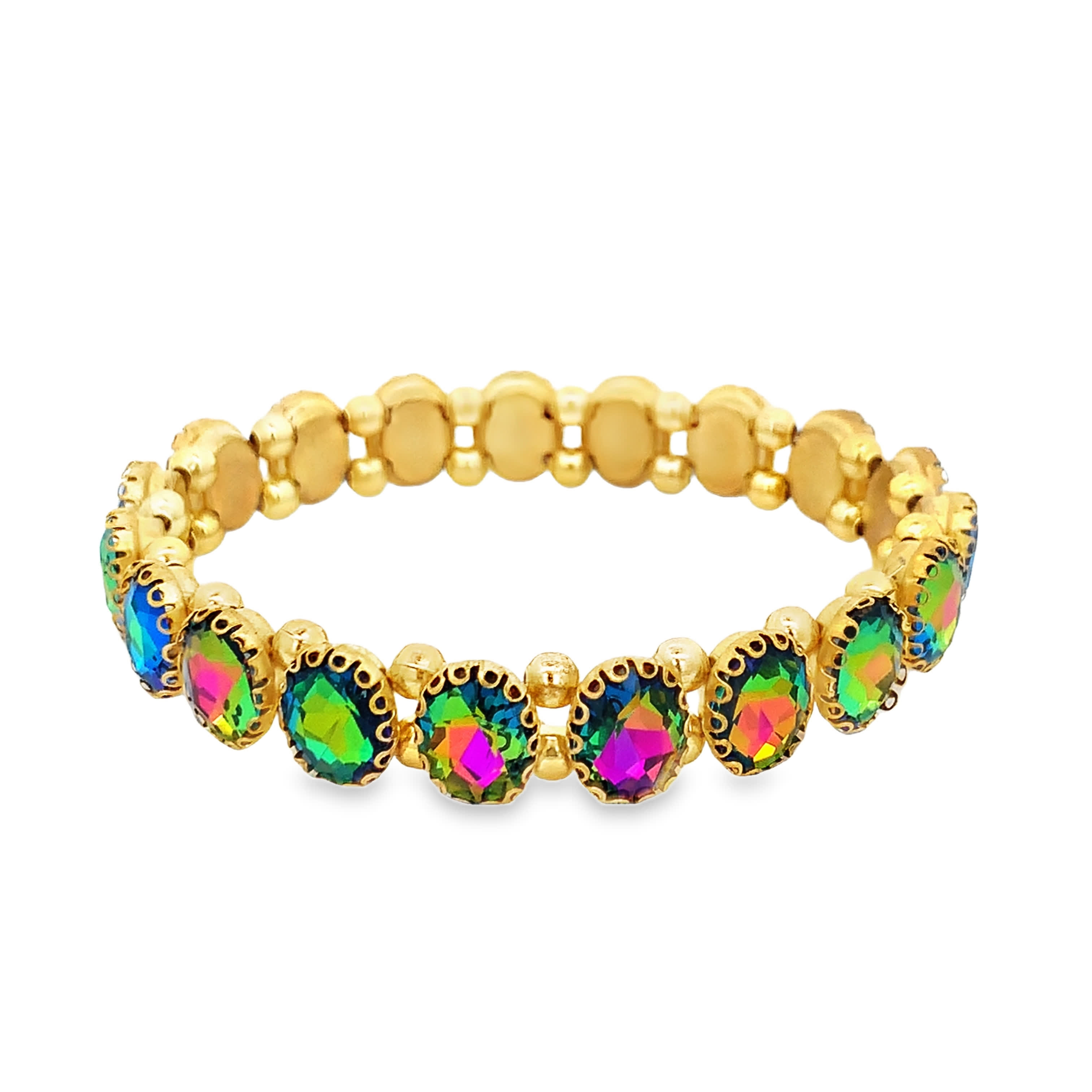 Bransoletka w kolorze żółtego złota z łańcuszkami i mieniącymi się kryształkami