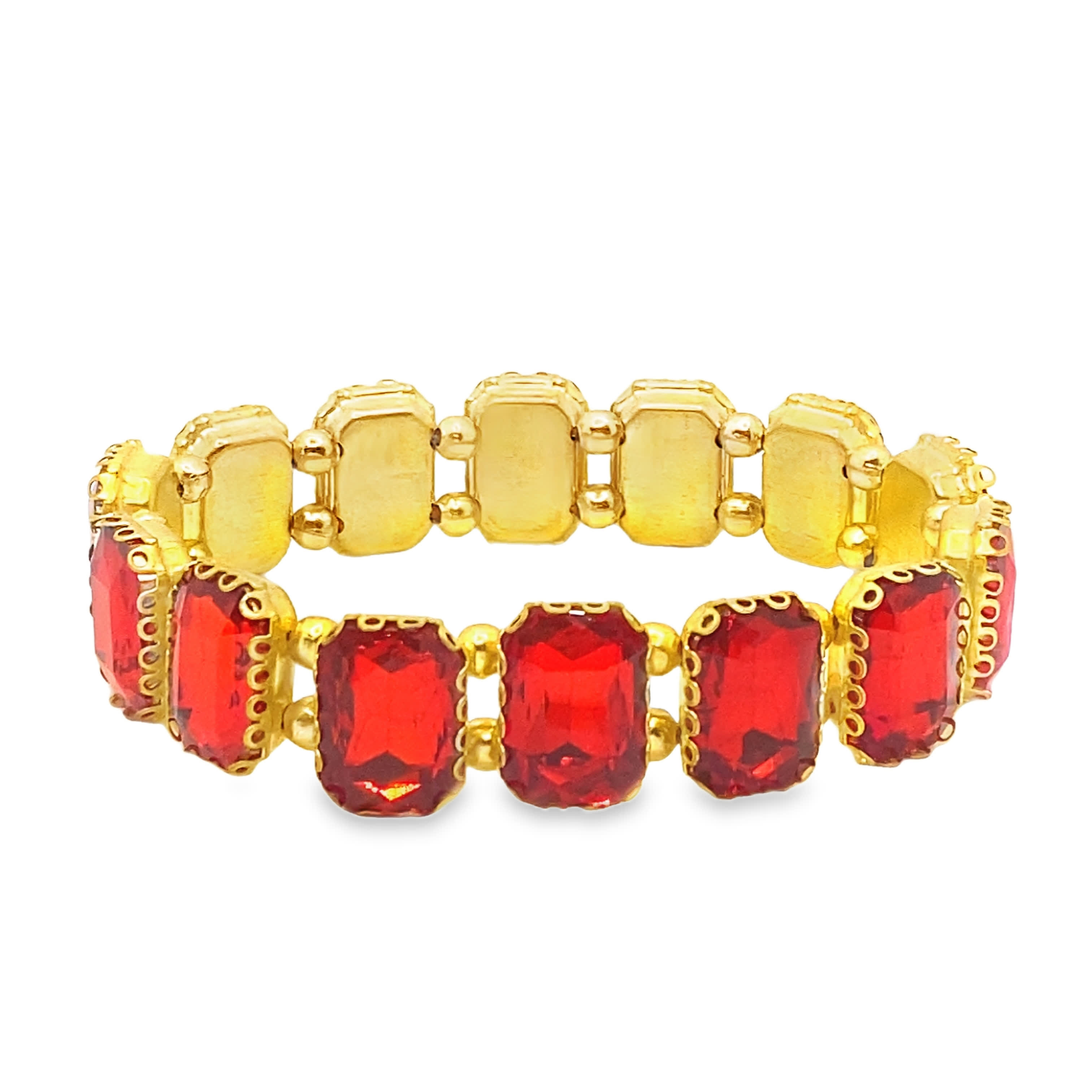 Bransoletka w kolorze żółtego złota z łańcuszkiem i rubinami o szlifie szmaragdowym