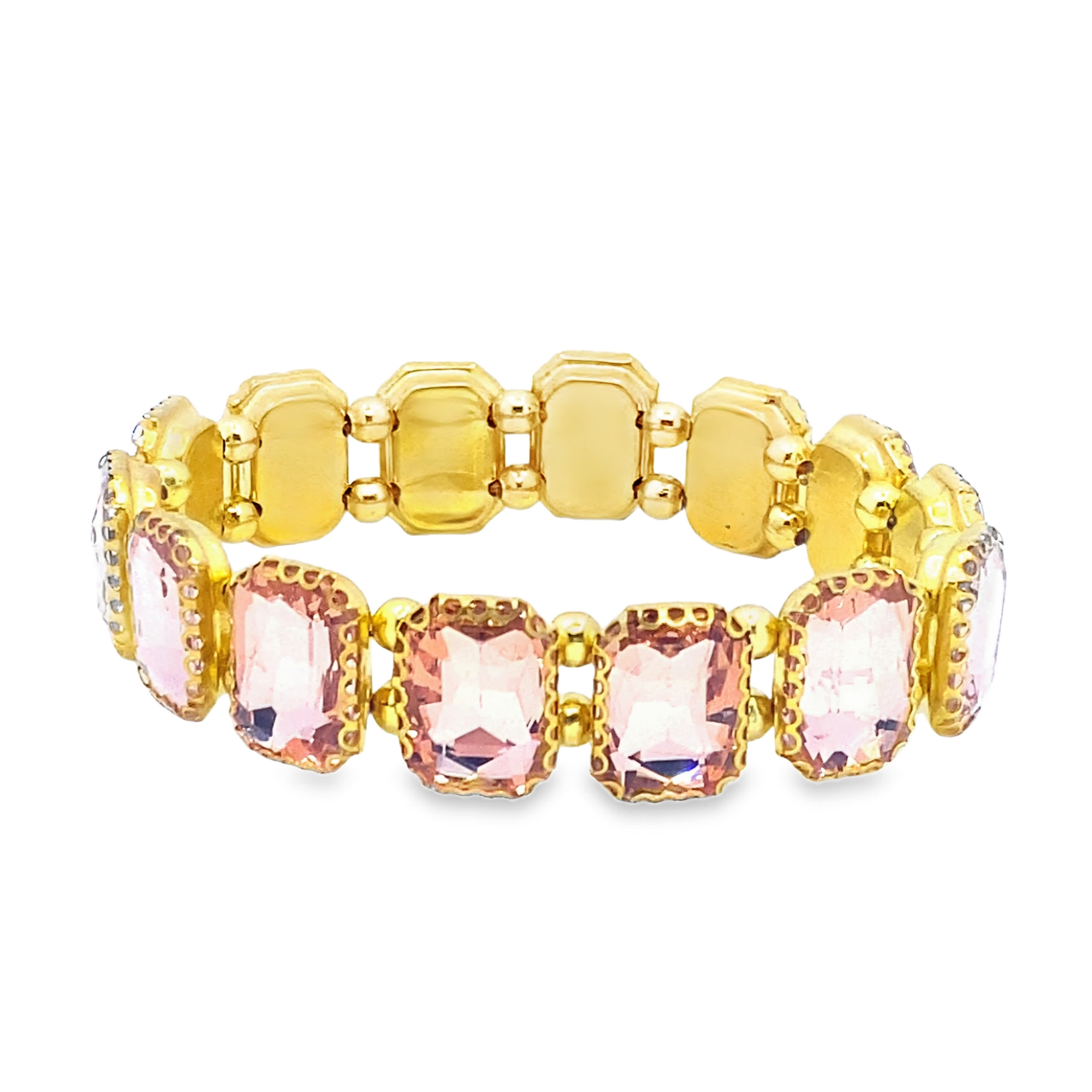 Bransoletka w kolorze żółtego złota z łańcuszkami i czerwonopomarańczowymi kryształowymi kwadratami