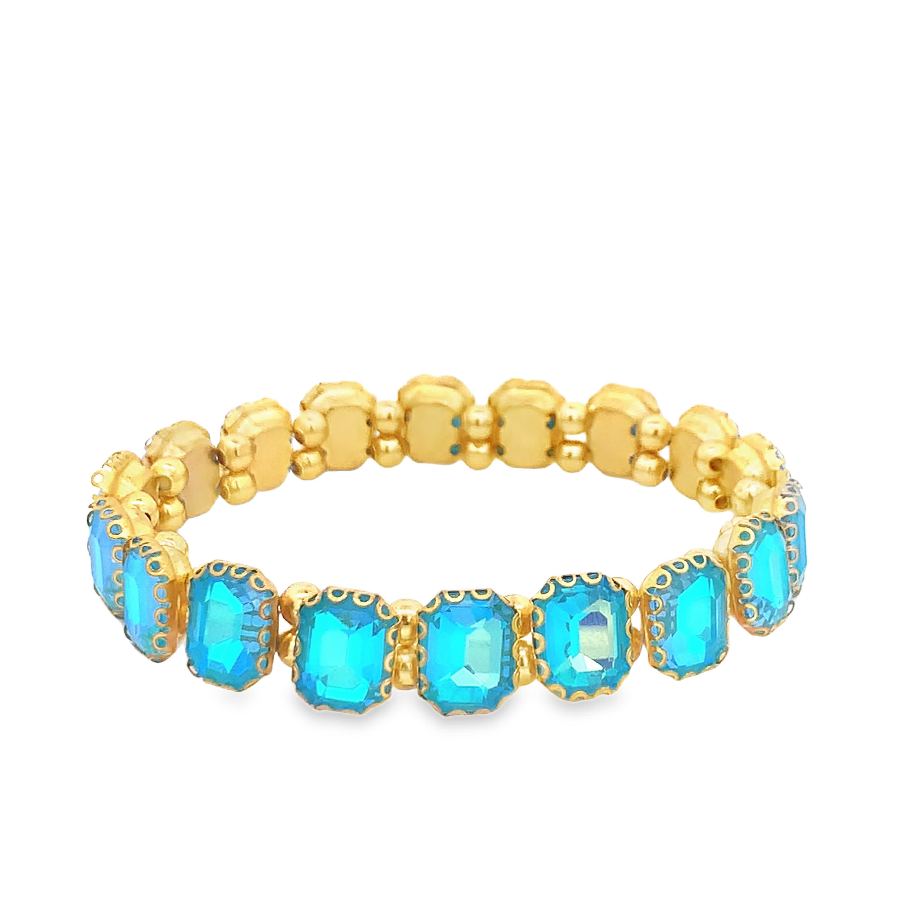 Bransoletka tenisowa w kolorze żółtego złota z niebiesko-zielonymi kwadratowymi kryształkami