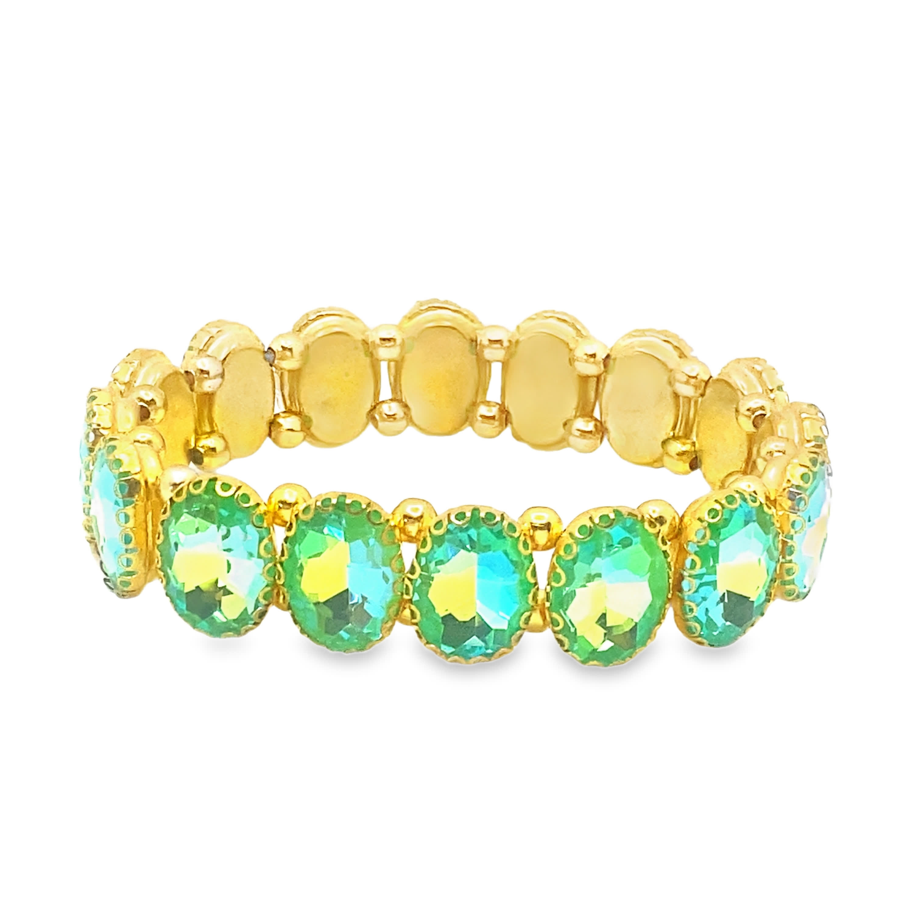 Bransoletka z koralików w kolorze żółtego złota z zielonymi owalnymi kryształami