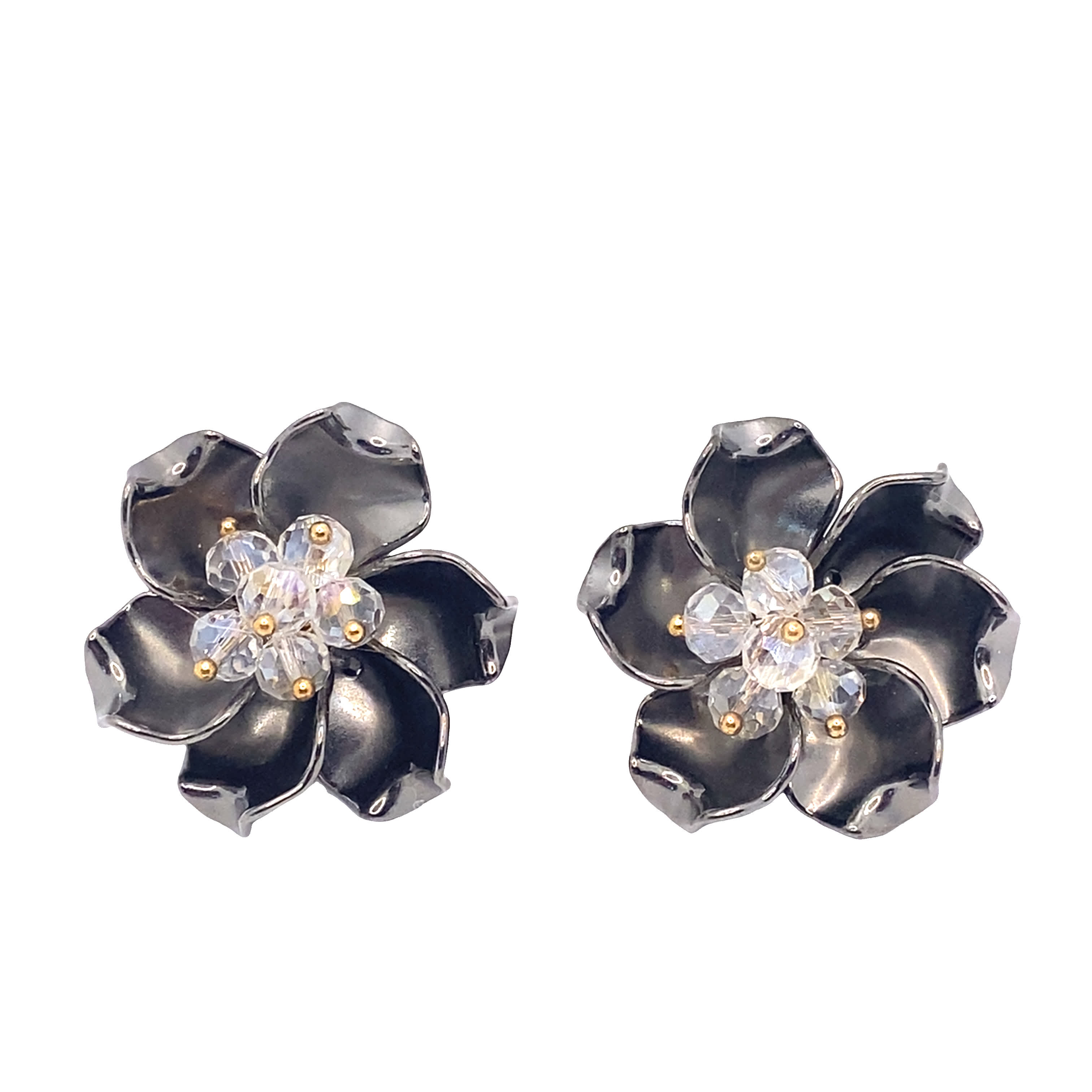 Kolczyki z kryształkami w kształcie kwiatów i wykończeniem w kolorze żółtego złota