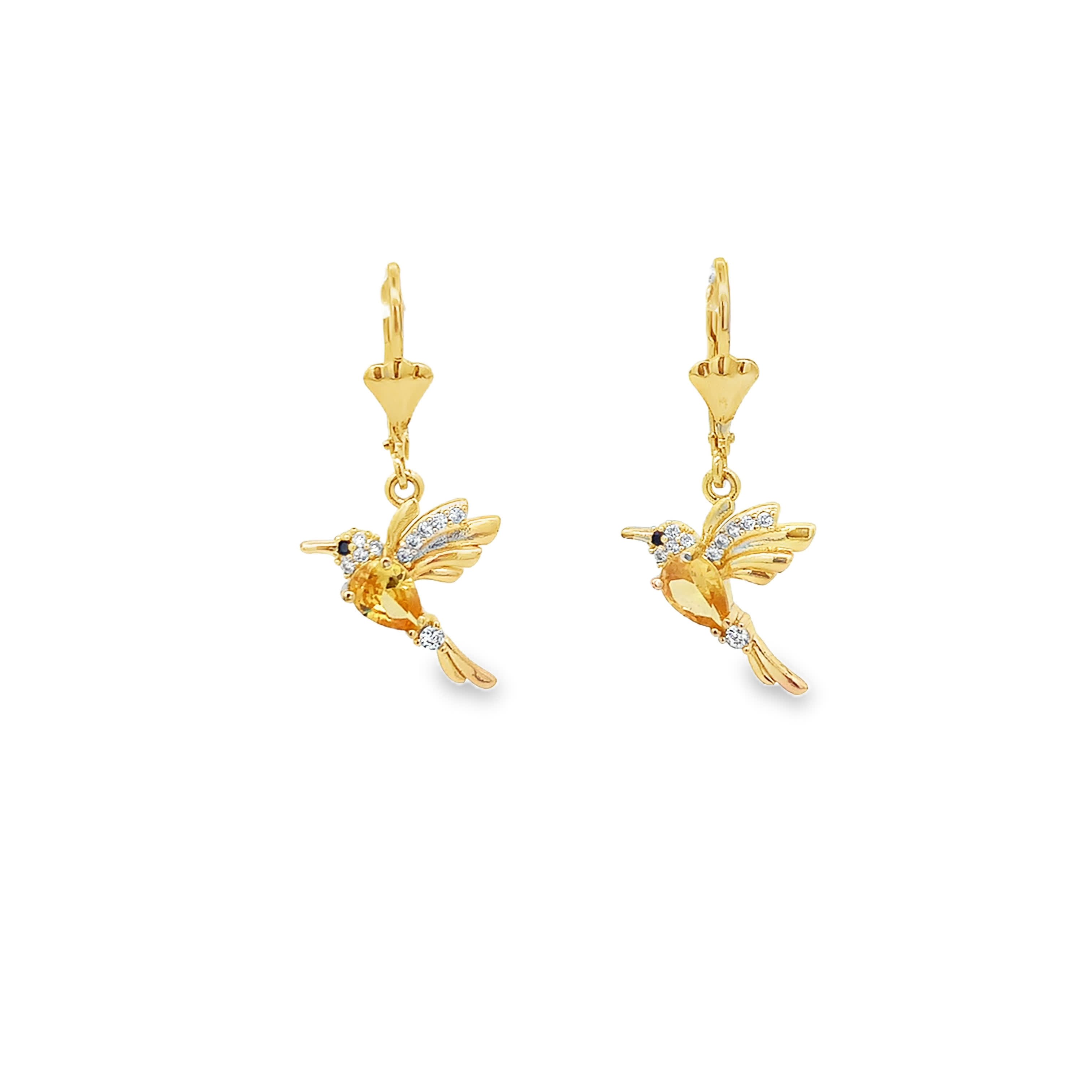 Kolczyki wiszące w kolorze żółtego złota w kształcie kolibra z brylantami