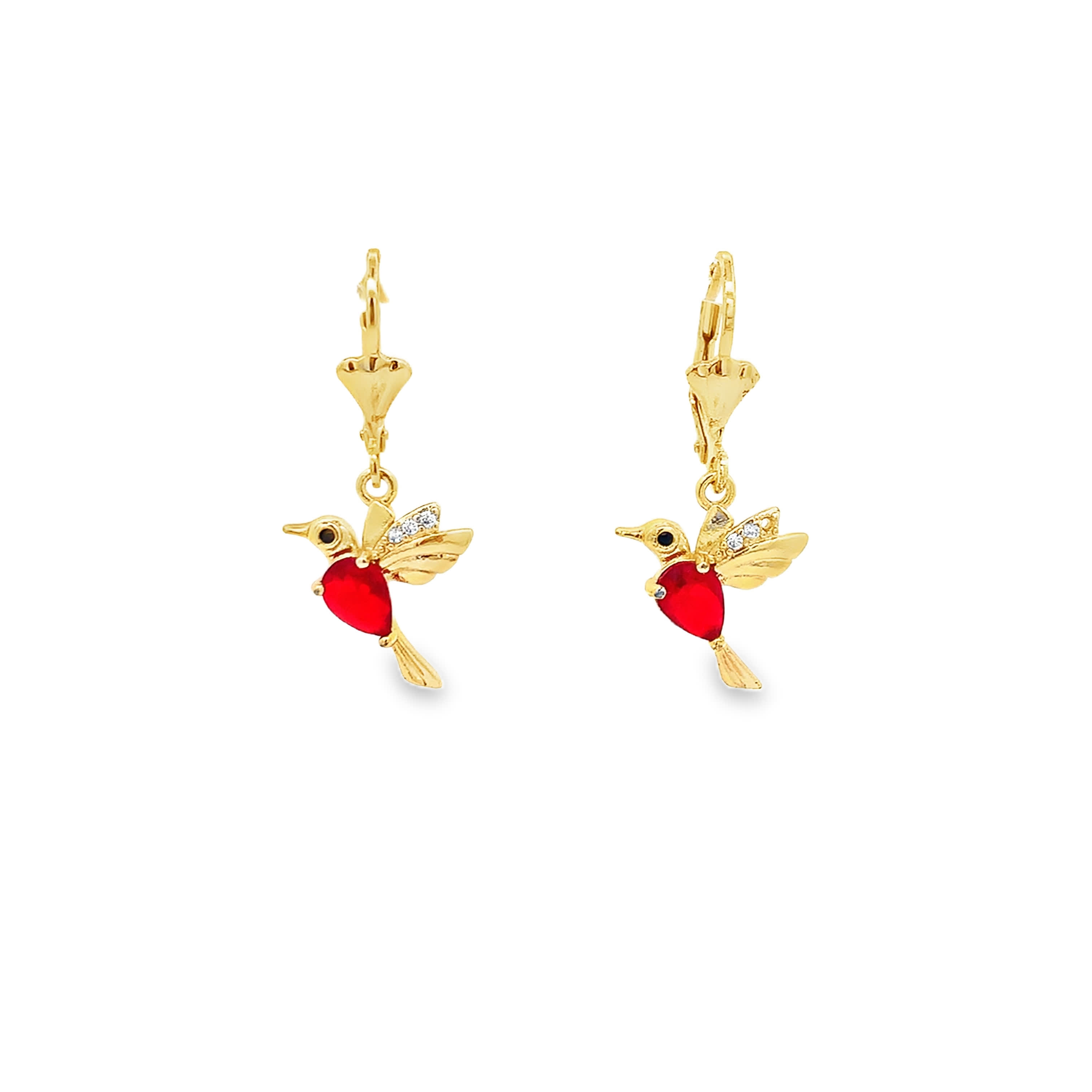 Fantazyjne kolczyki w kolorze żółtego złota w kształcie kolibra z akcentami rubinowymi w kształcie serca