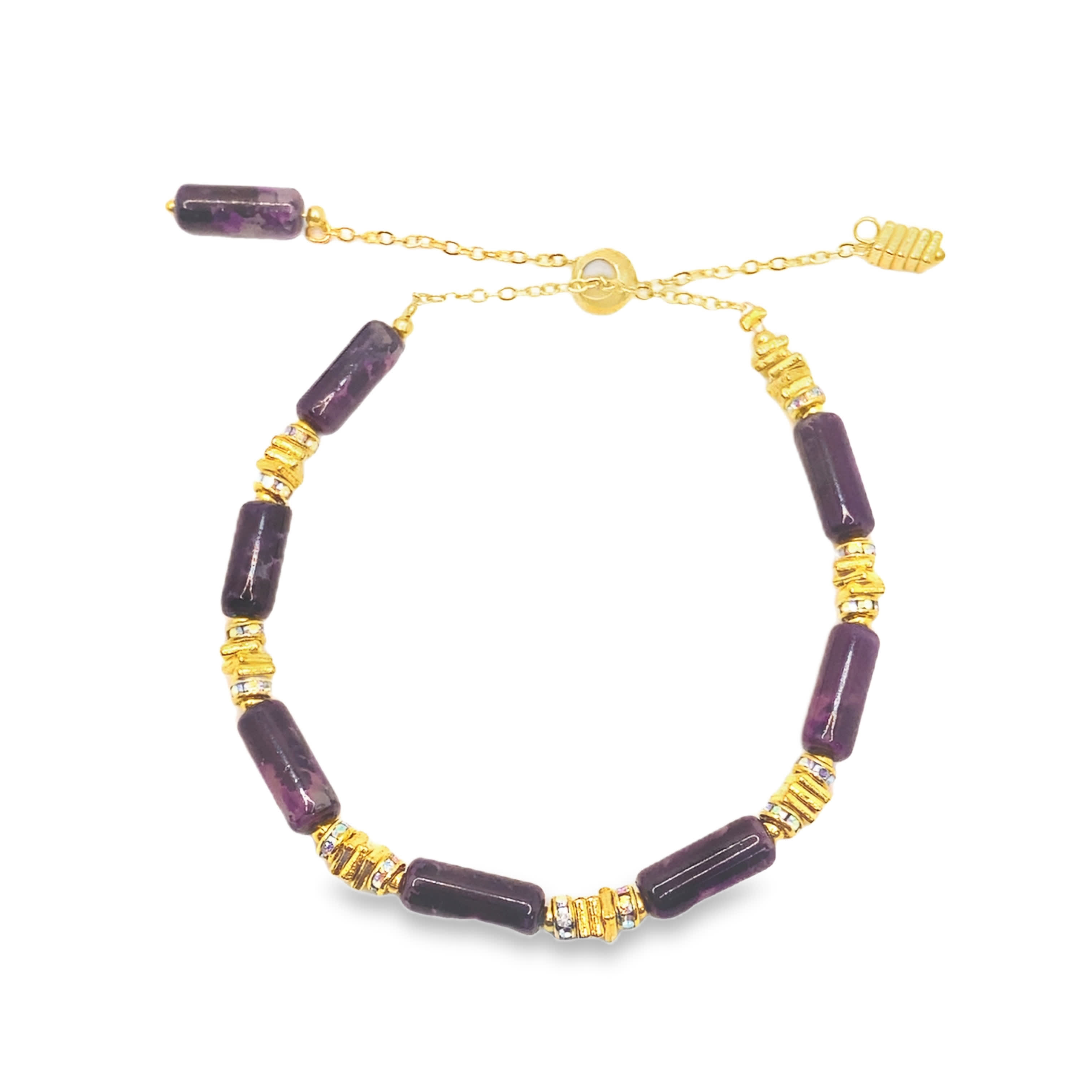 Bransoletka z koralików w kolorze żółtego złota z fioletowymi kaboszonami ametystu