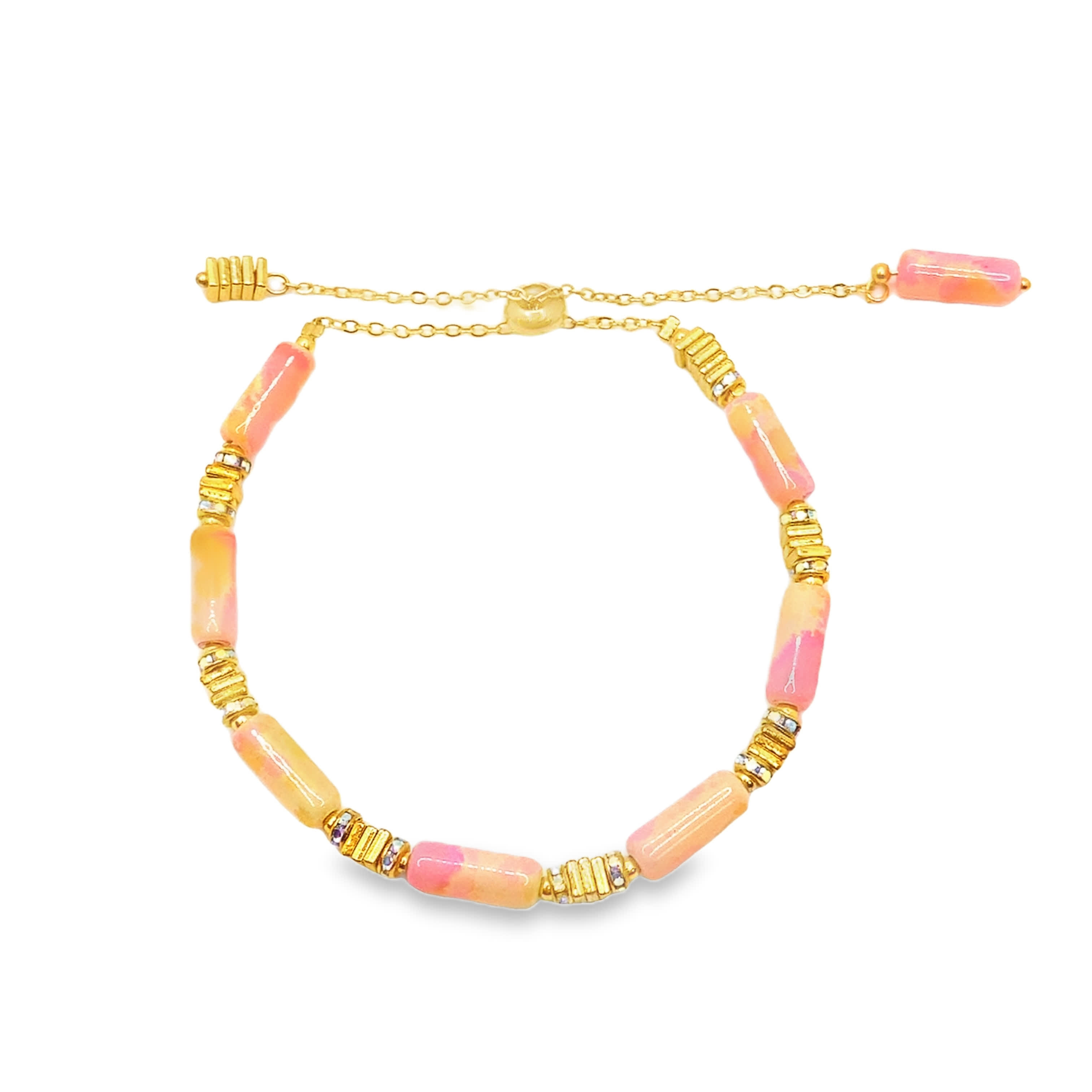 Bransoletka z koralików w kolorze żółtego złota z czerwono-pomarańczowym kwarcem różowym