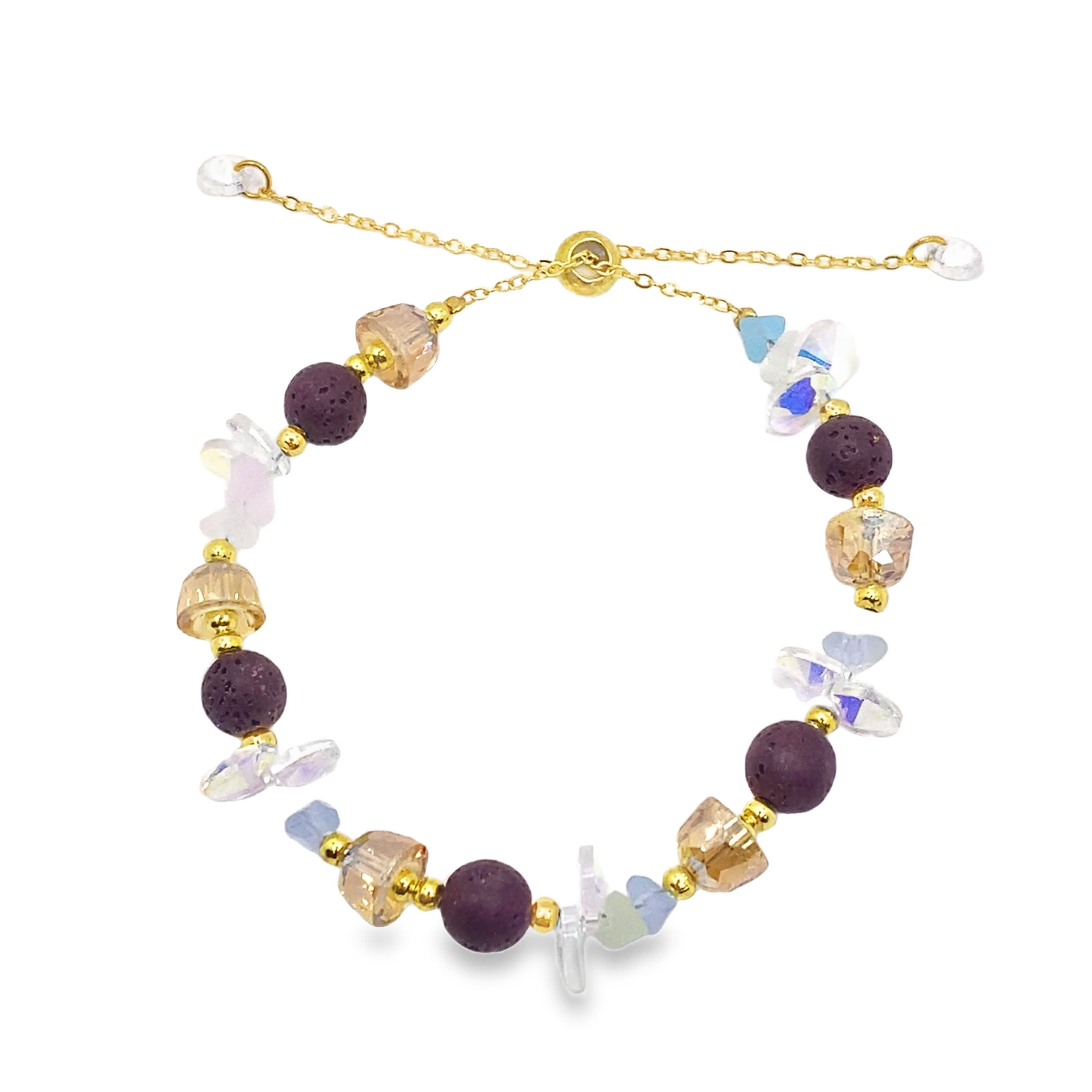 Elegancka bransoletka w kolorze żółtego złota z koralikami i kryształkami oraz koralikami lawowymi