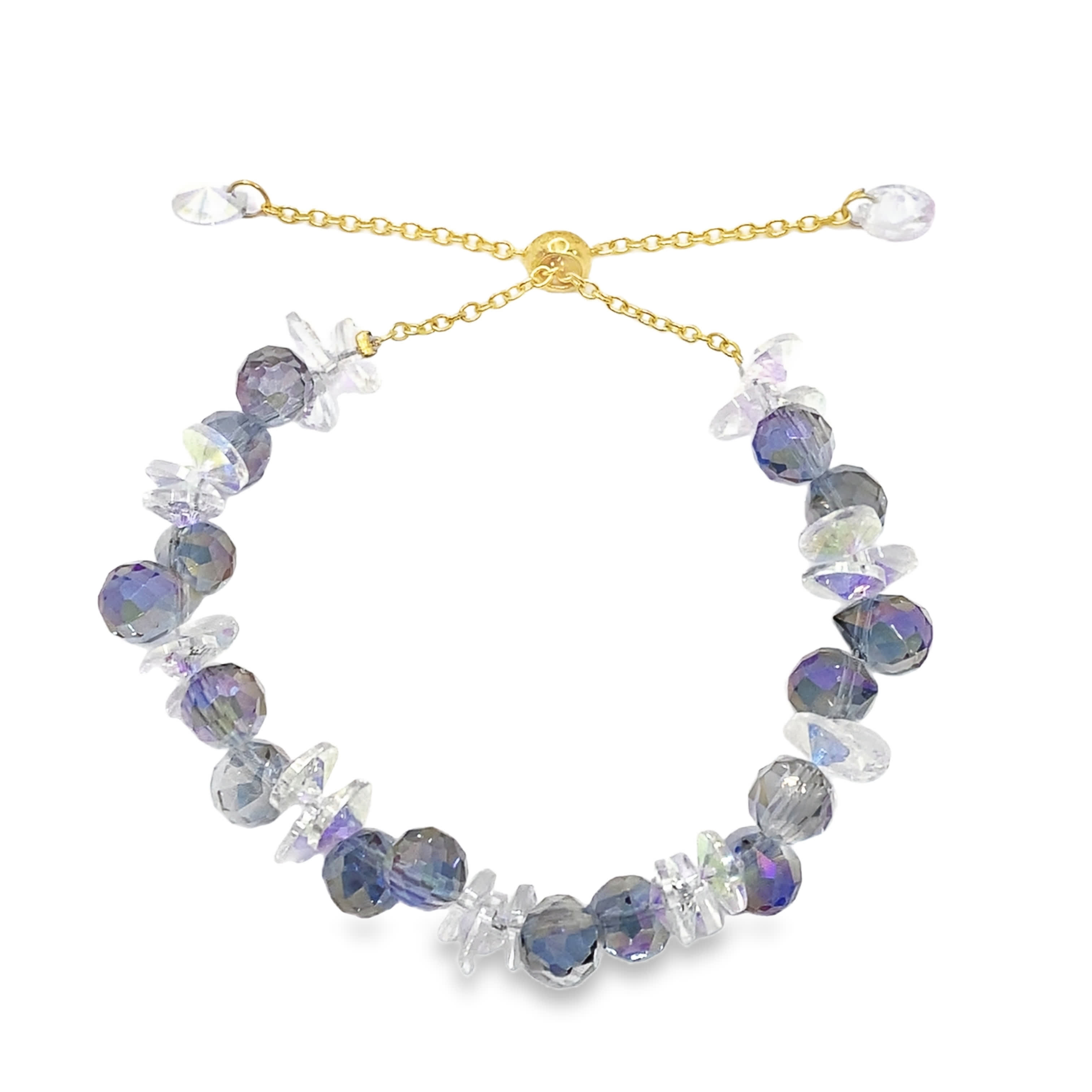 Bransoletka z koralików kryształowych w kolorze niebiesko-fioletowym z łańcuszkiem w kolorze żółtego złota