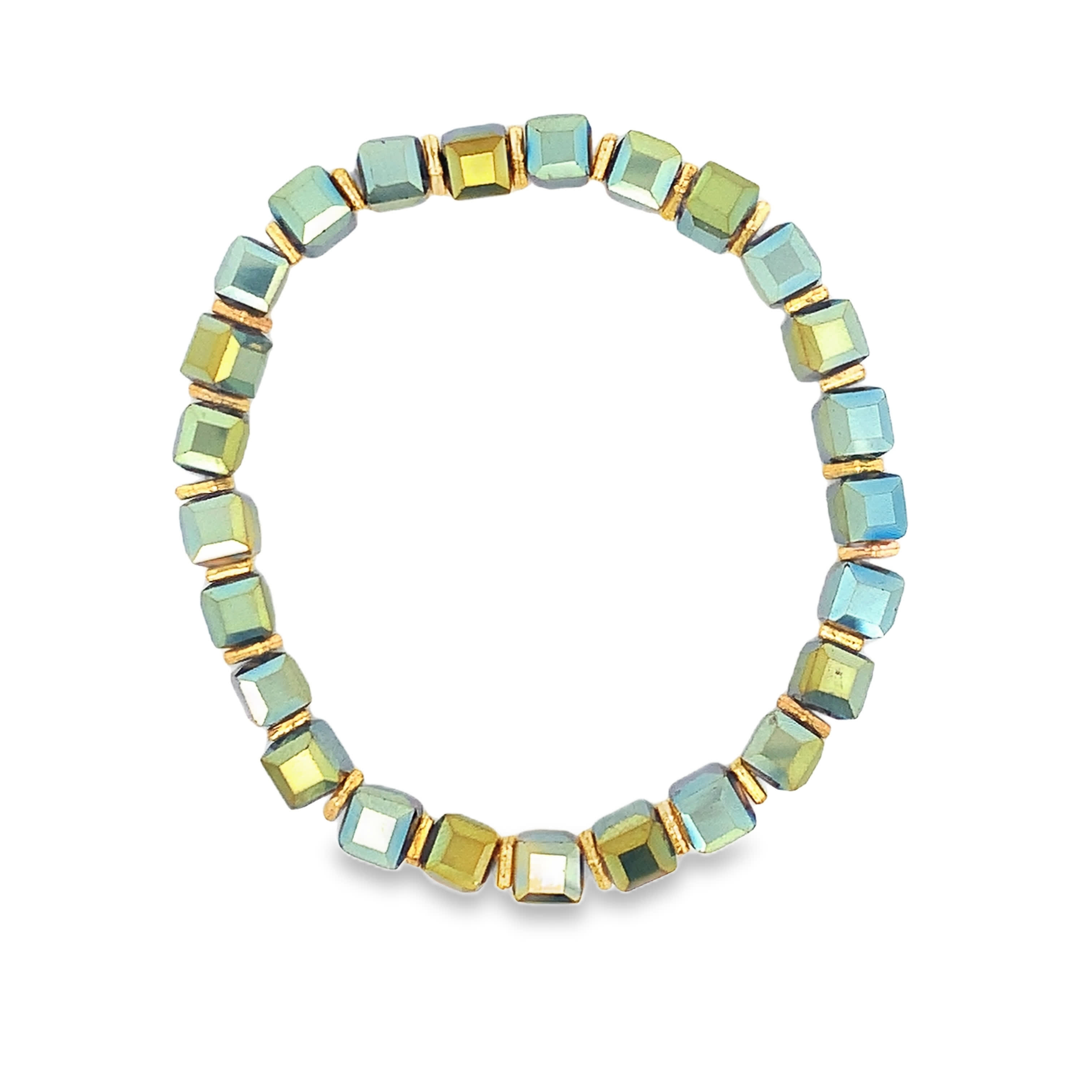 Bransoletka z zielonych kryształów i koralików w żółtym złocie