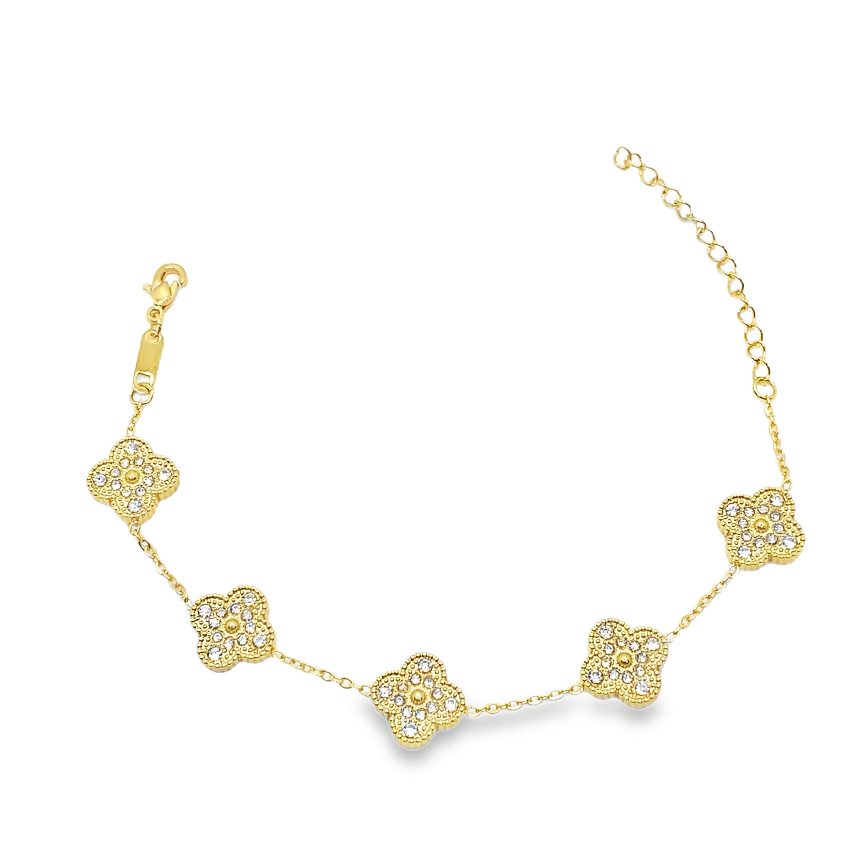 Bransoletka w kolorze żółtego złota z łańcuszkiem i motywem kwiatowym, wysadzana diamentami