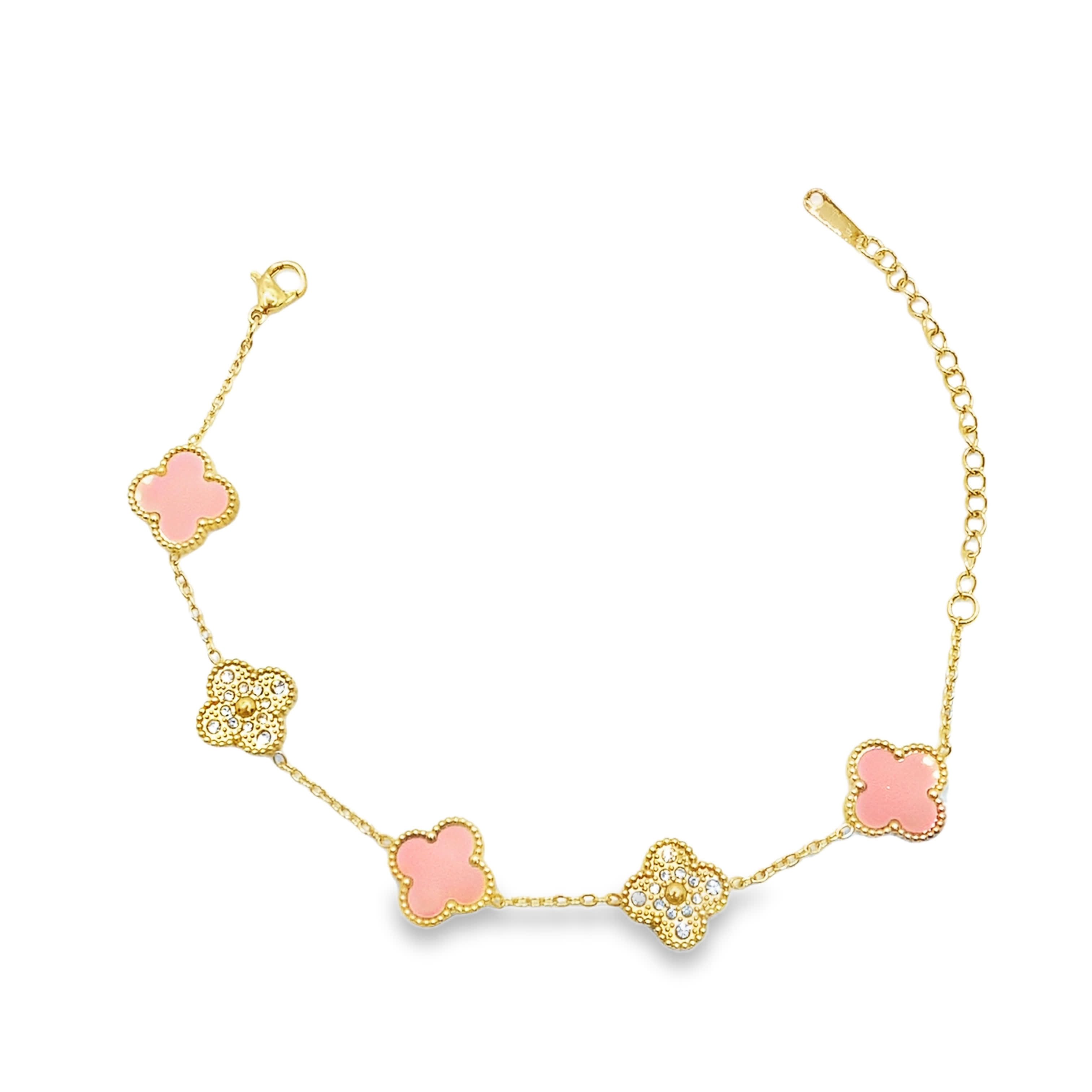 Bransoletka w kolorze żółtego złota z łańcuszkiem i motywem koniczyny