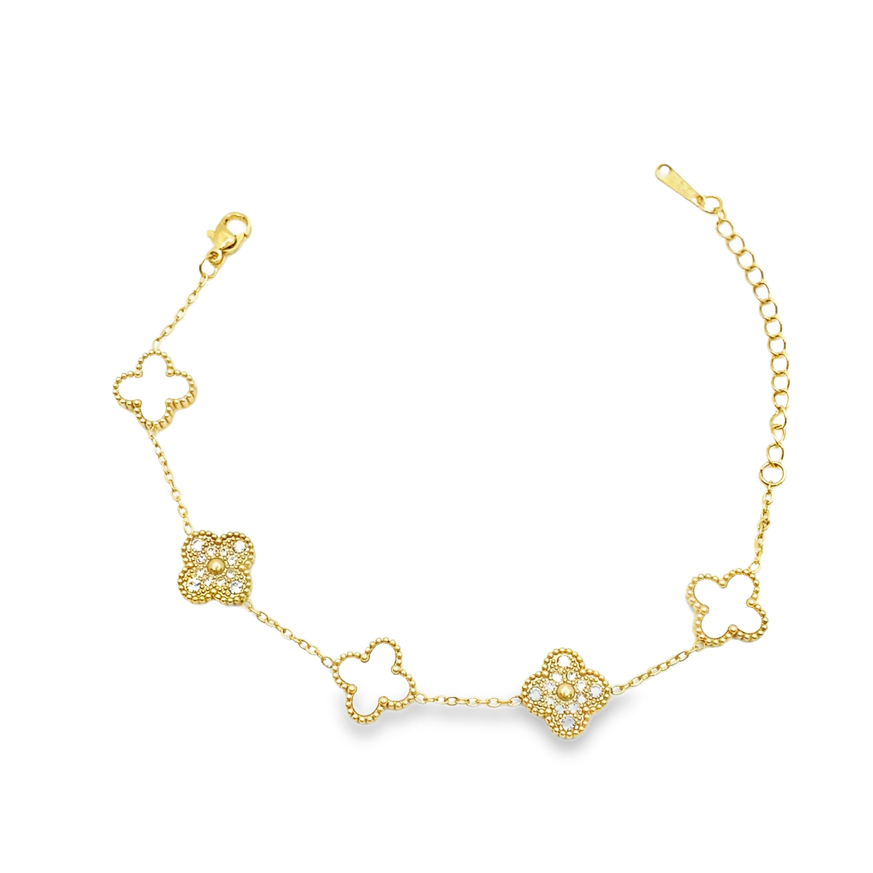 Elegancka bransoletka z łańcuszkiem koniczyna w kolorze żółtego złota