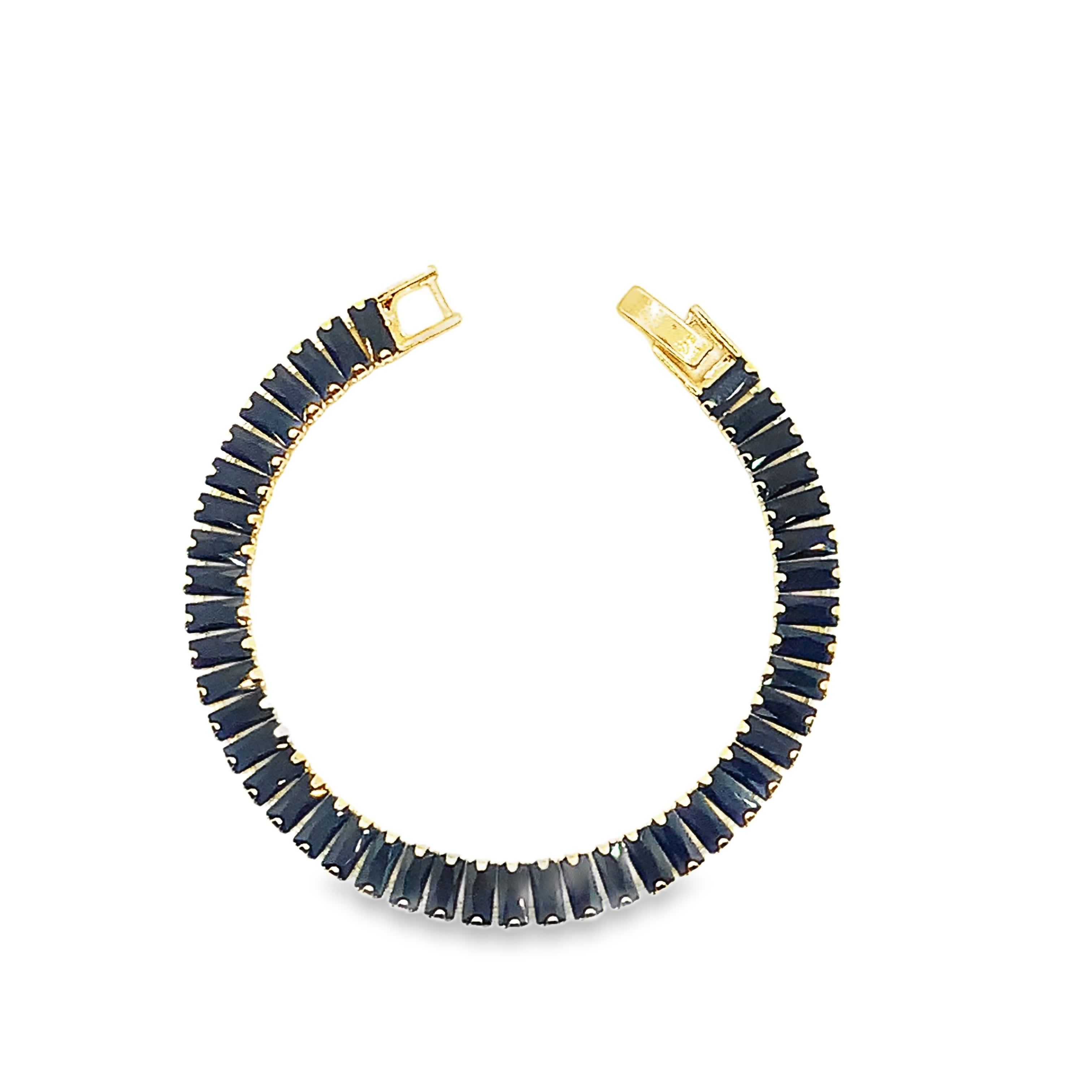 Bransoletka tenisowa w kolorze żółtego złota z szafirami w szlifie bagietkowym o głębokim błękicie