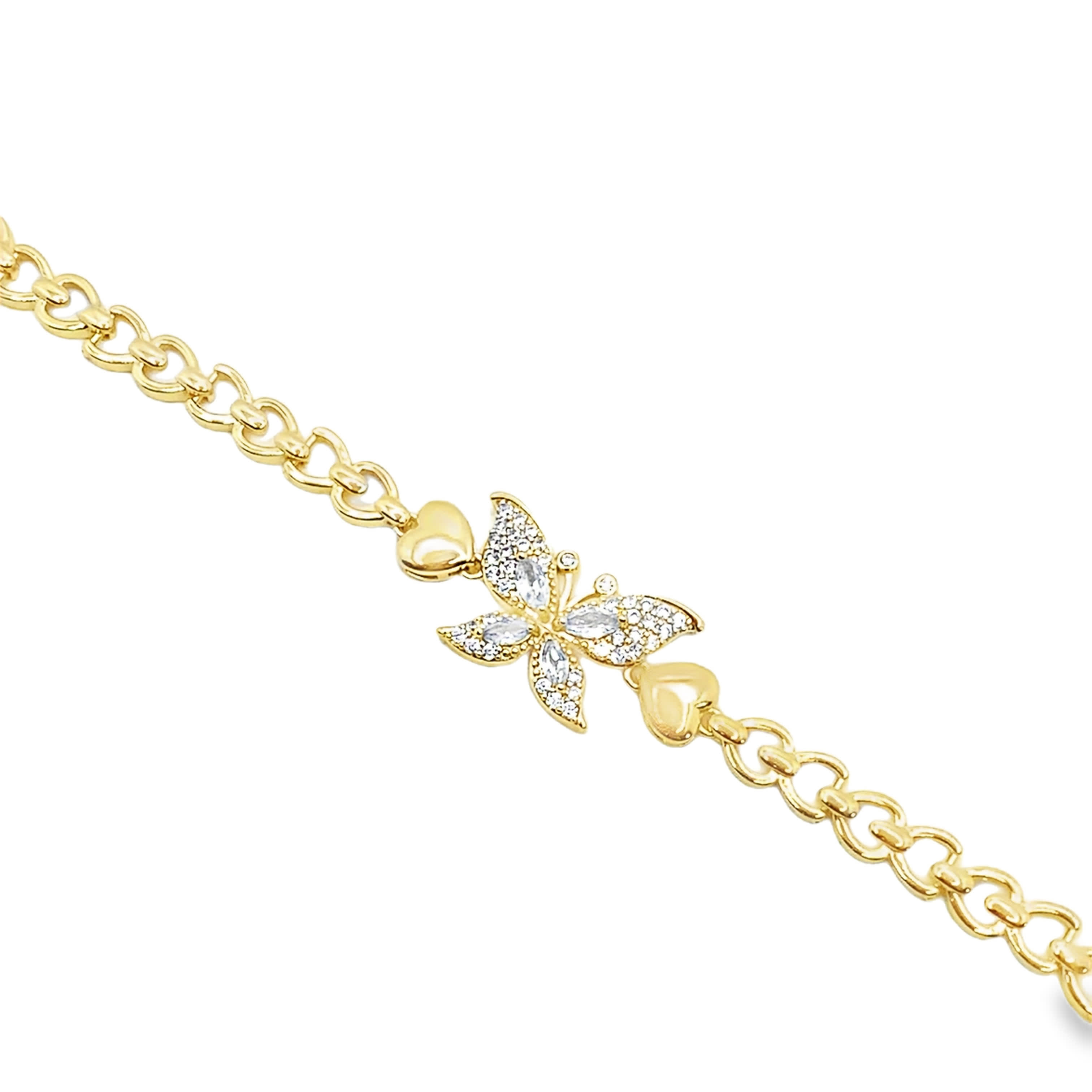 Bransoletka w kolorze żółtego złota z łańcuszkiem i fioletowym kryształowym motylem