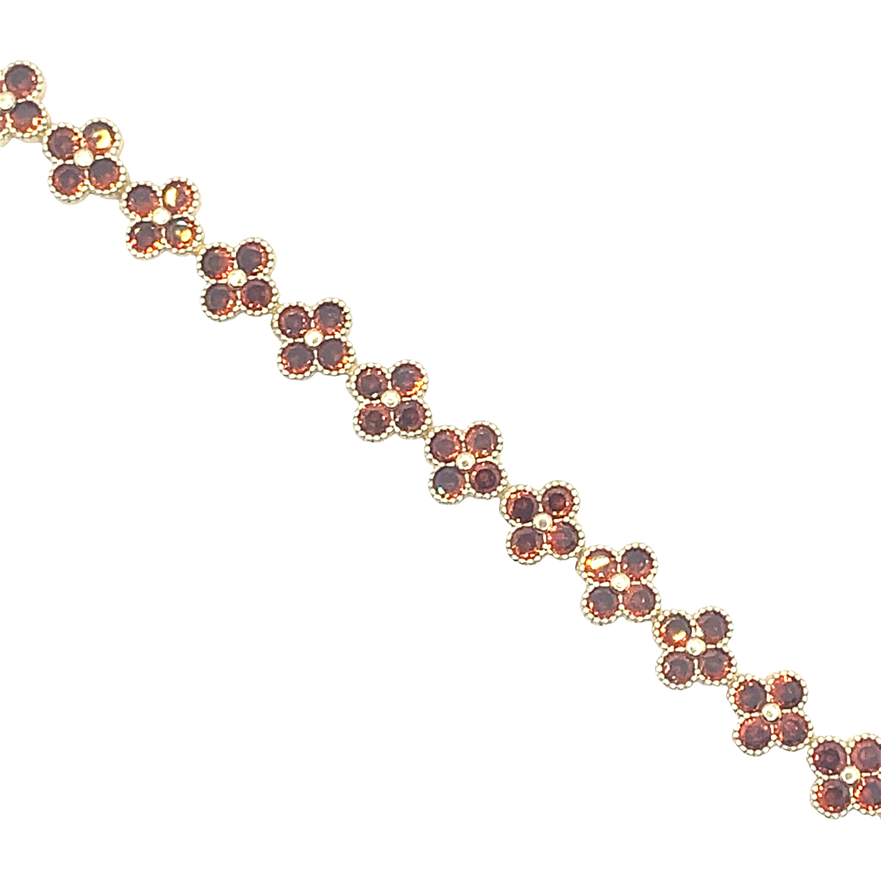 Bransoletka w kolorze żółtego złota z łańcuszkiem i motywami kwiatowymi z czerwonego granatu