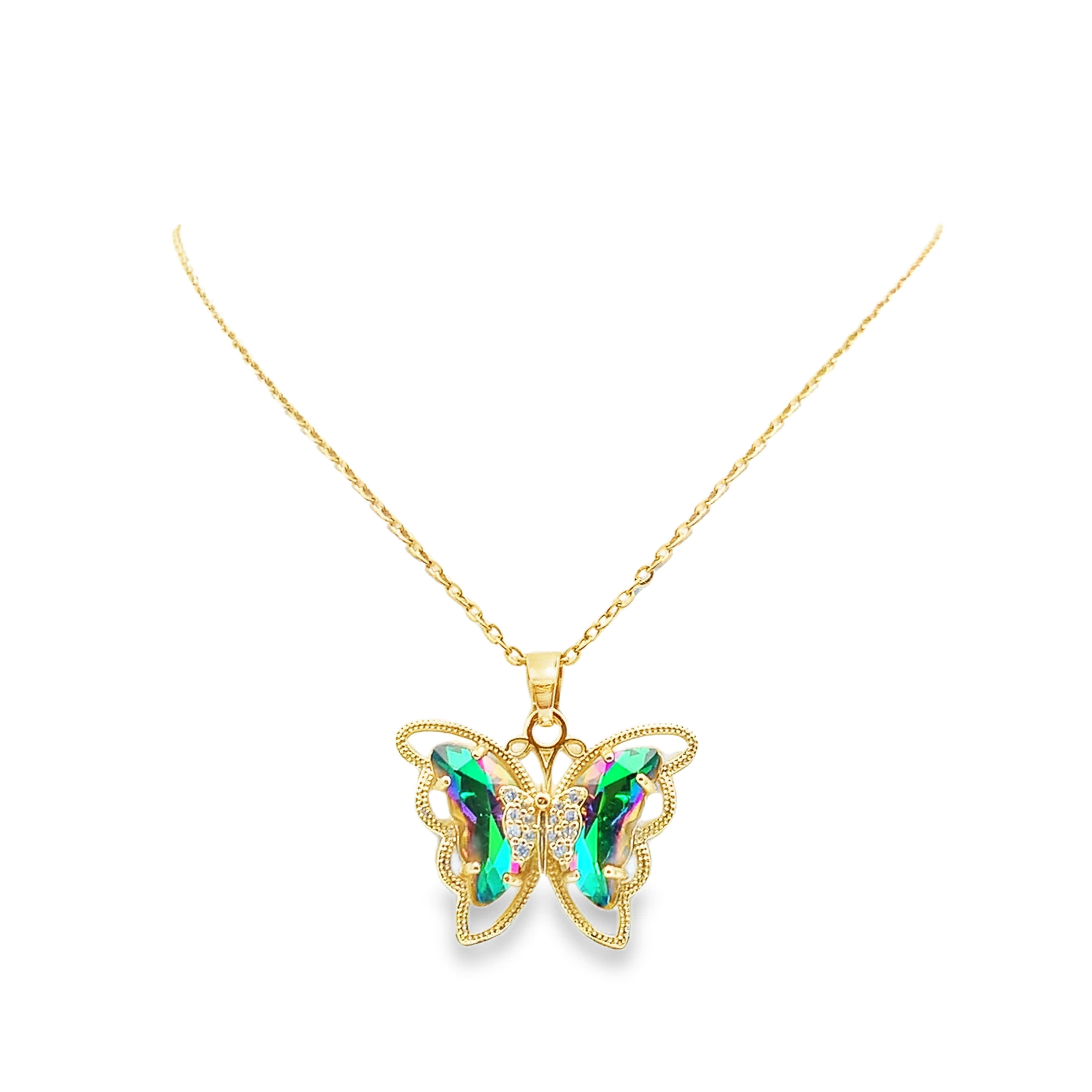 Naszyjnik z zawieszką w kolorze żółtego złota z zielonym kryształowym motylem