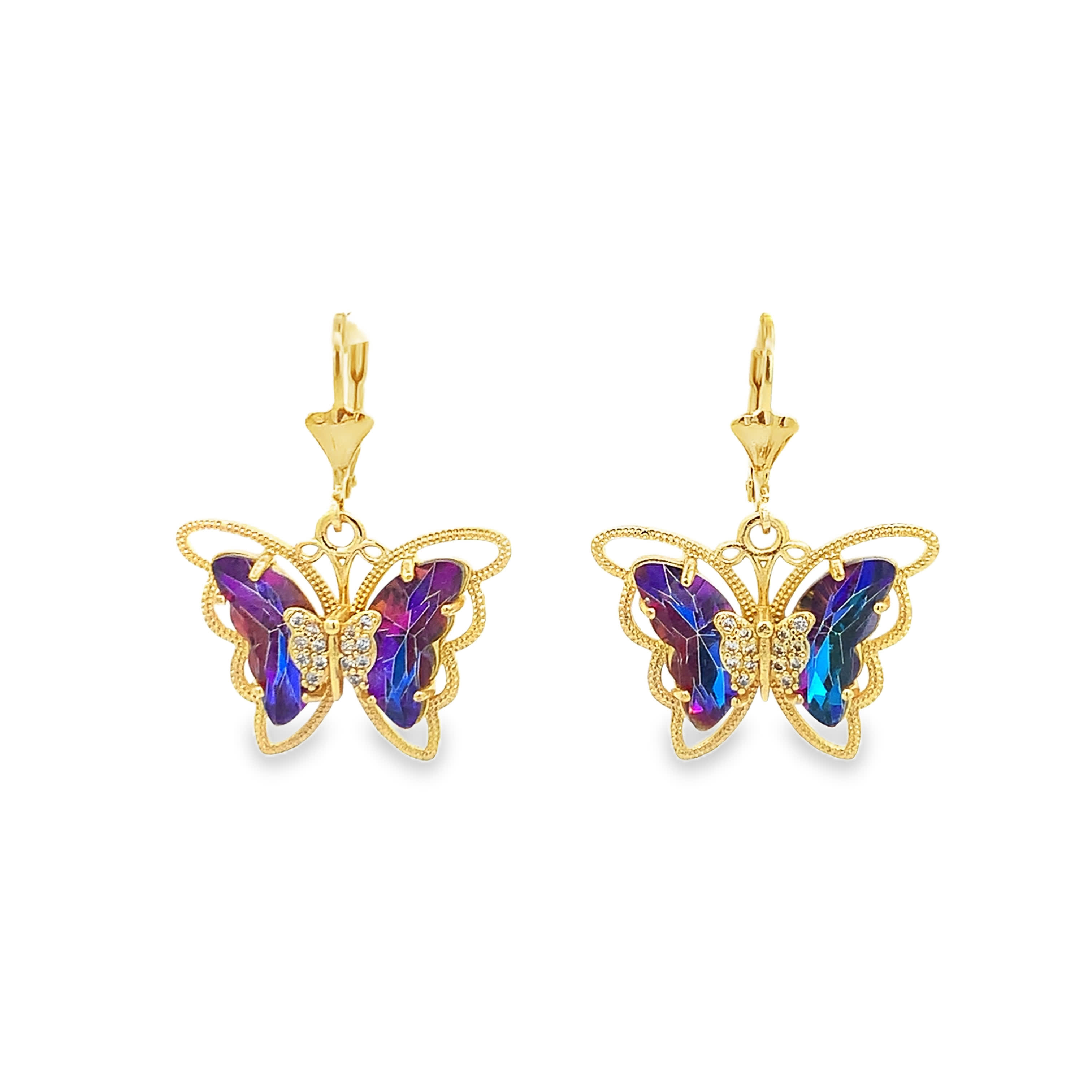 Kolczyki wiszące w kolorze żółtego złota z motylami z kryształków w szlifie poduszkowym w kolorze niebiesko-fioletowym