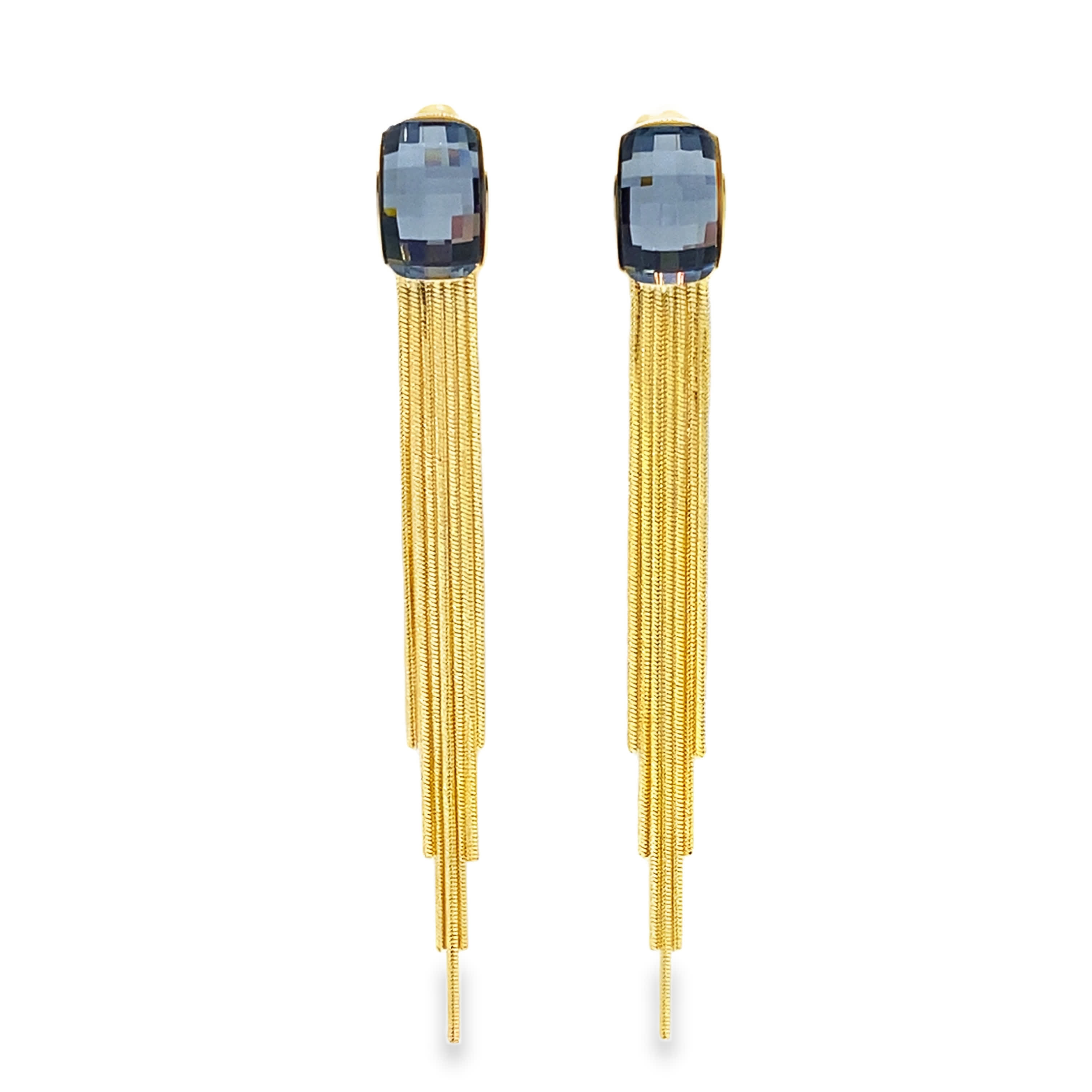 Kolczyki wiszące w kolorze żółtego złota z niebieskimi kryształowymi kaboszonami