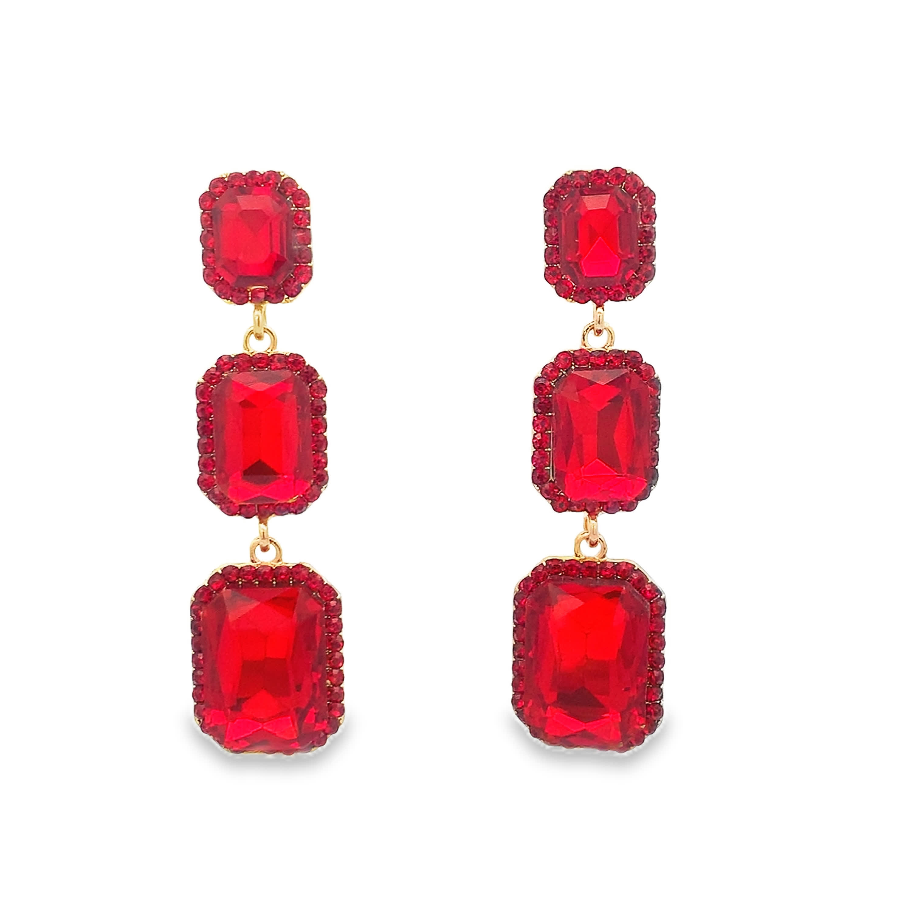 Kolczyki wiszące w kolorze żółtego złota z rubinami o szlifie szmaragdowym