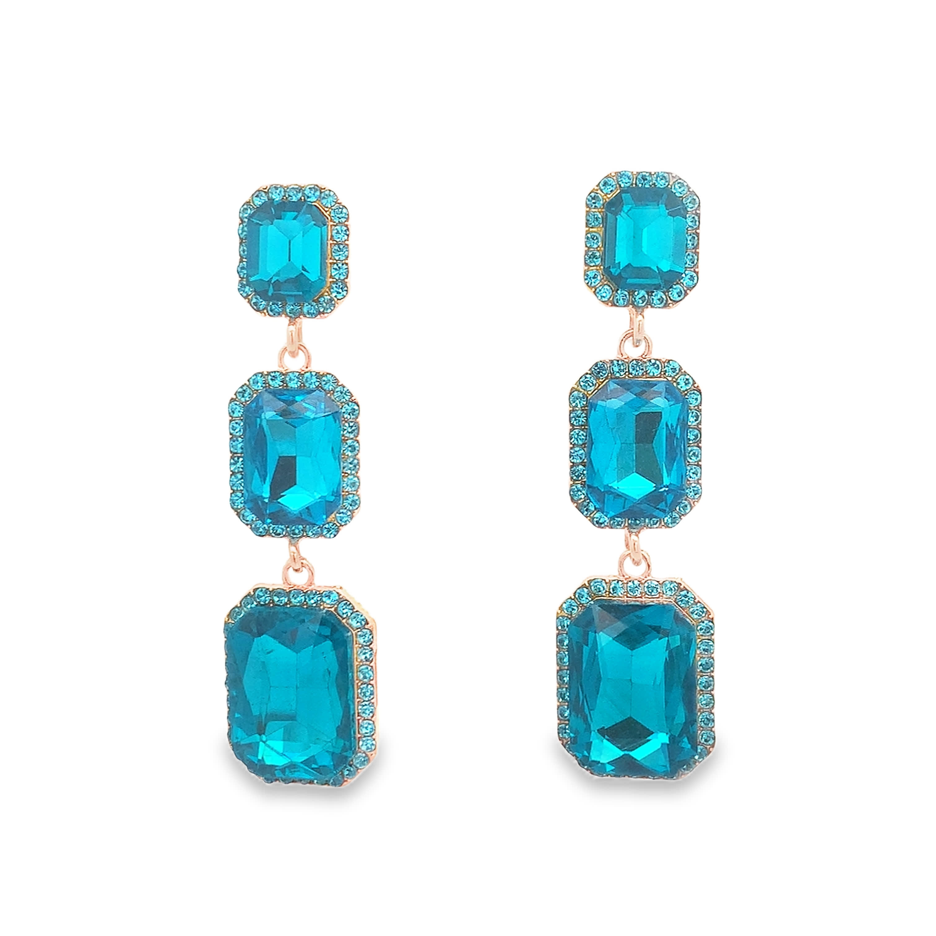 Kolczyki wiszące z kryształkami w szlifie szmaragdowym w kolorze niebiesko-zielonym