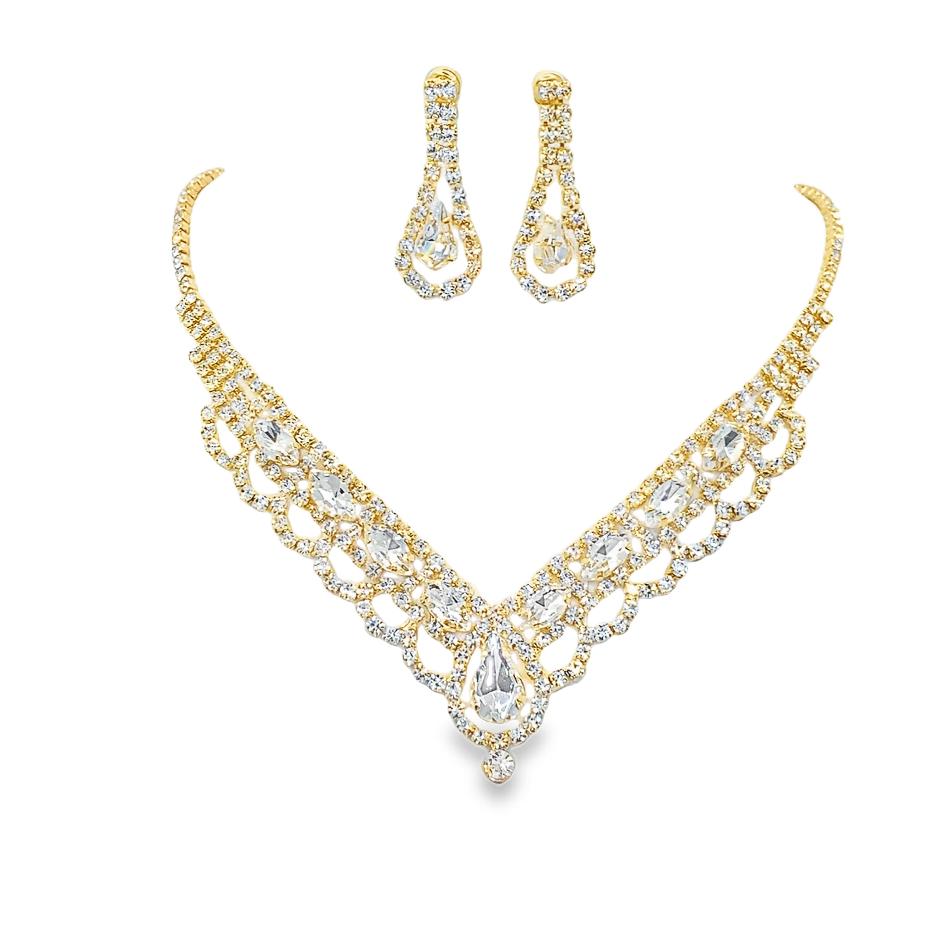 Złoty komplet naszyjnika i kolczyków z kryształami o szlifie gruszkowym