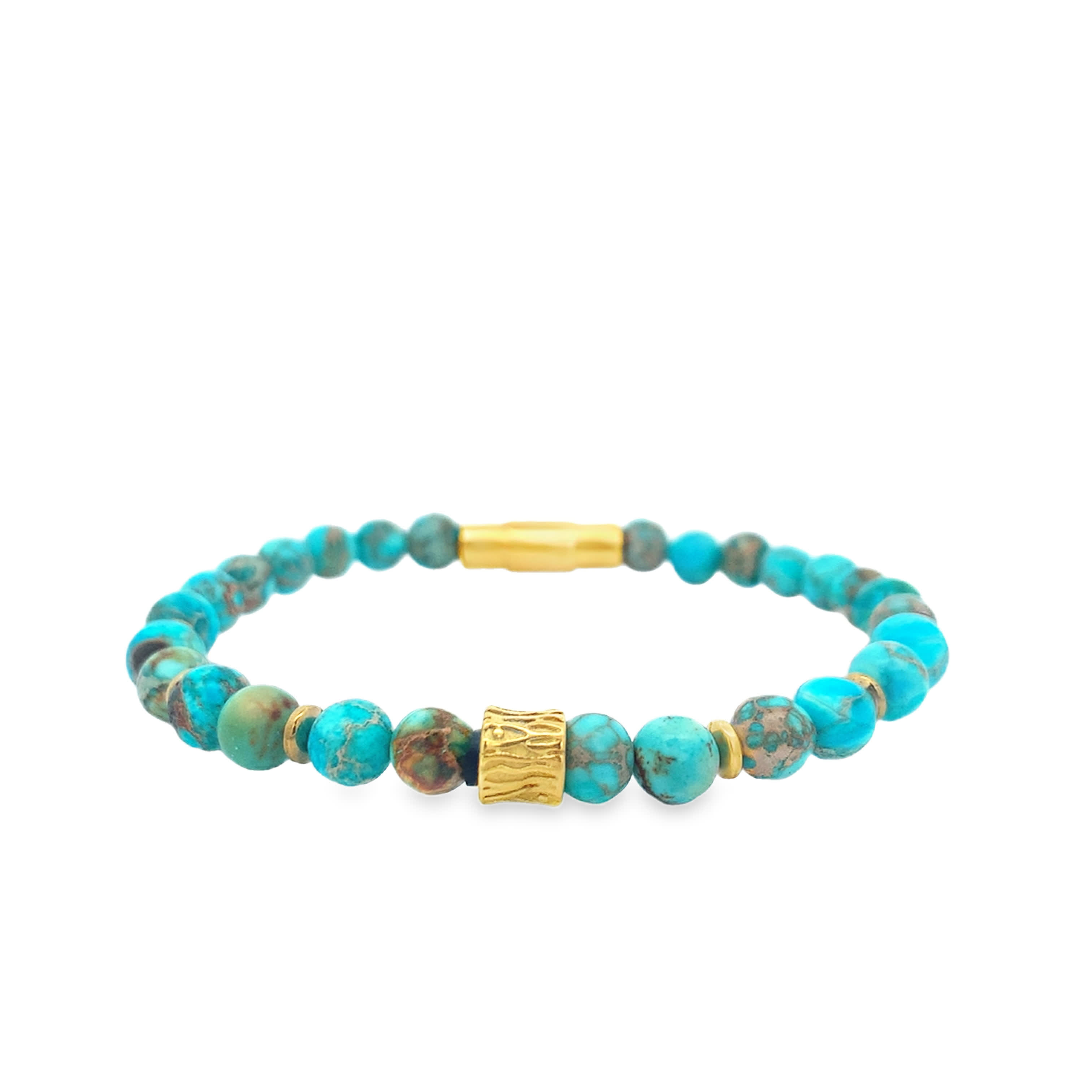 Natural Turquoise Beaded Bracelet with Textured Yellow Gold Accents