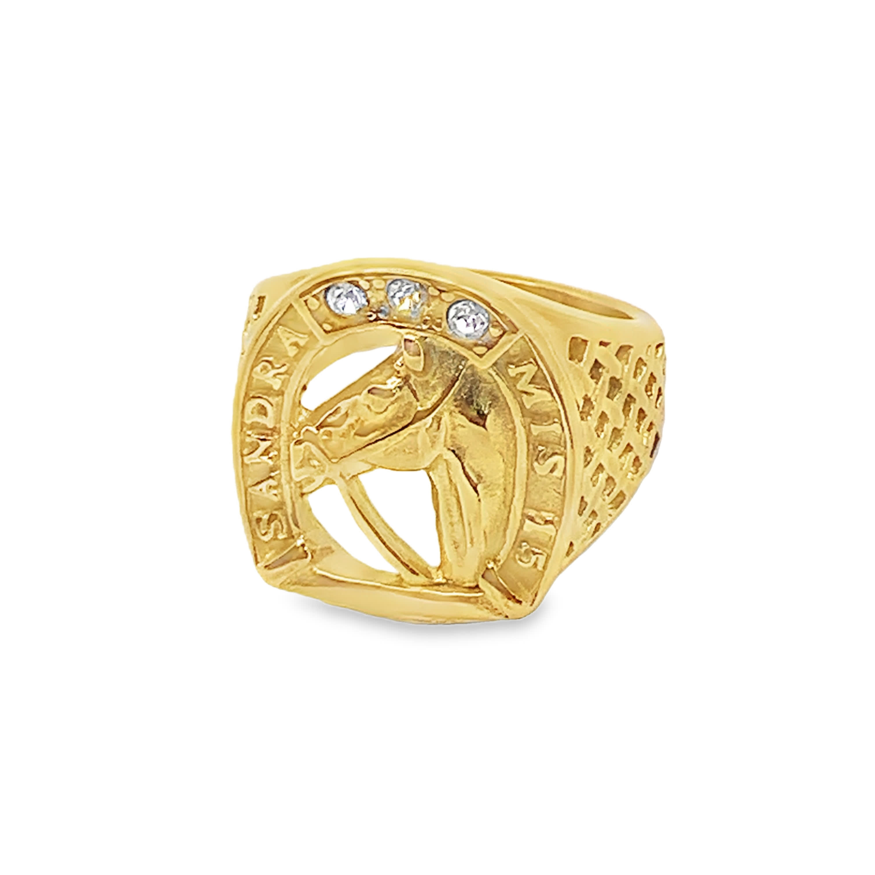 Sygnet w kształcie podkowy ze złoconej stali z okrągłym kamieniem