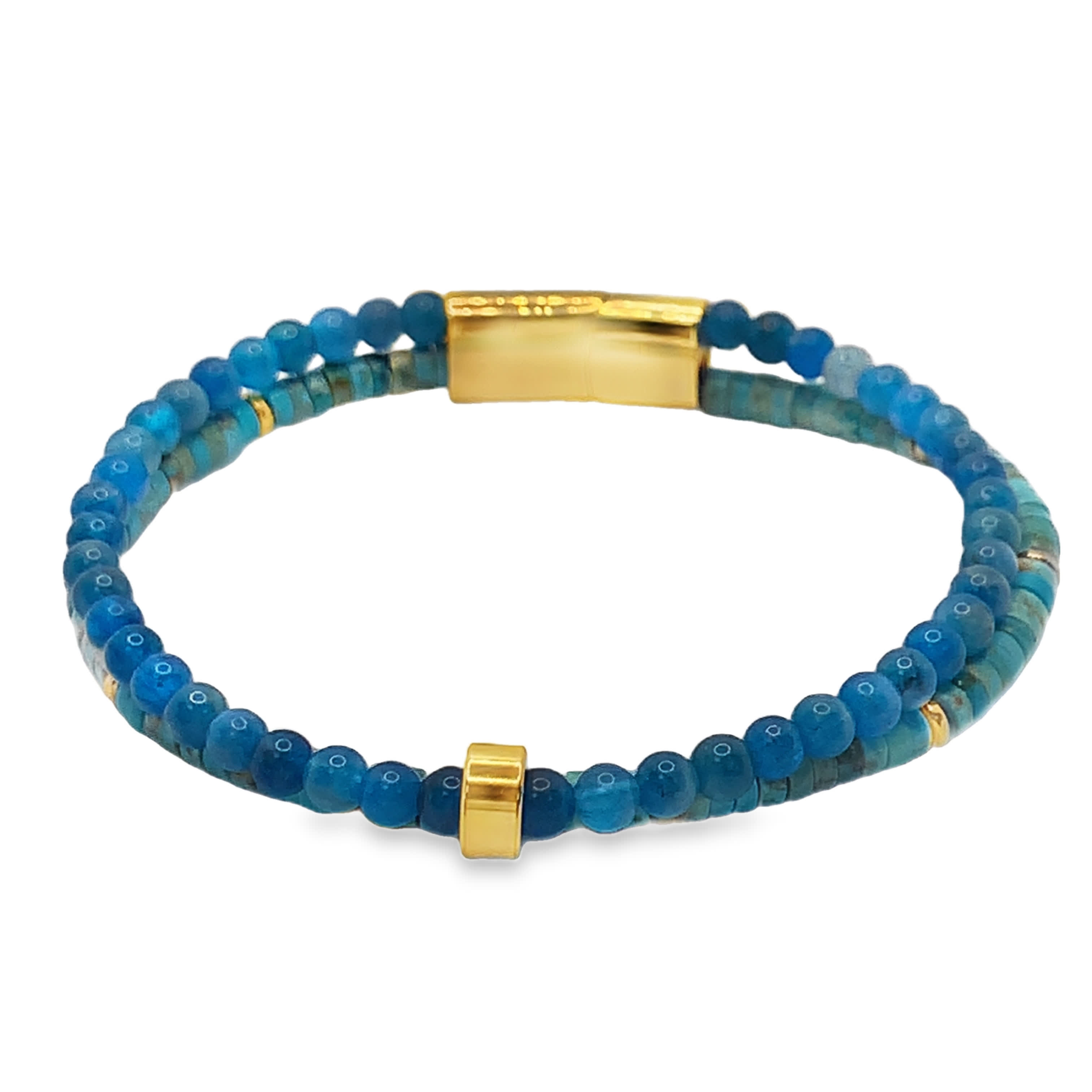 Złocona bransoletka z koralikami i niebieskimi turkusowymi kaboszonami