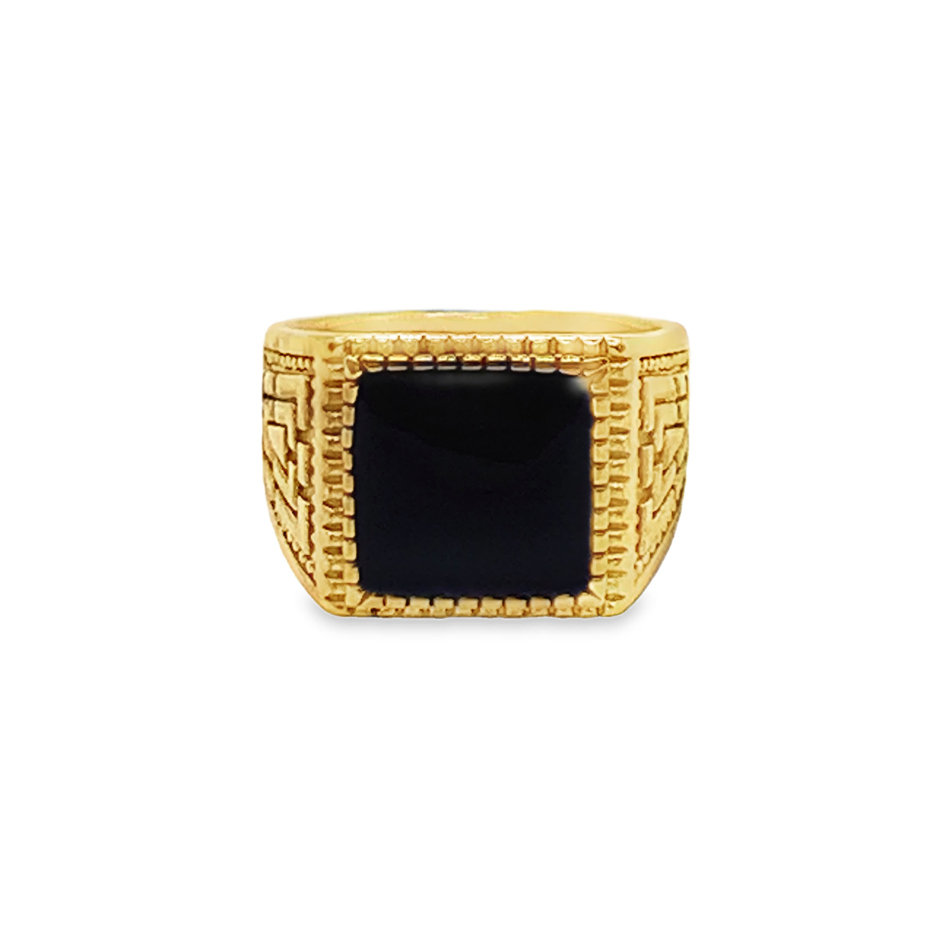 Sygnet ze złoconej stali z kwadratowym kaboszonem onyksu