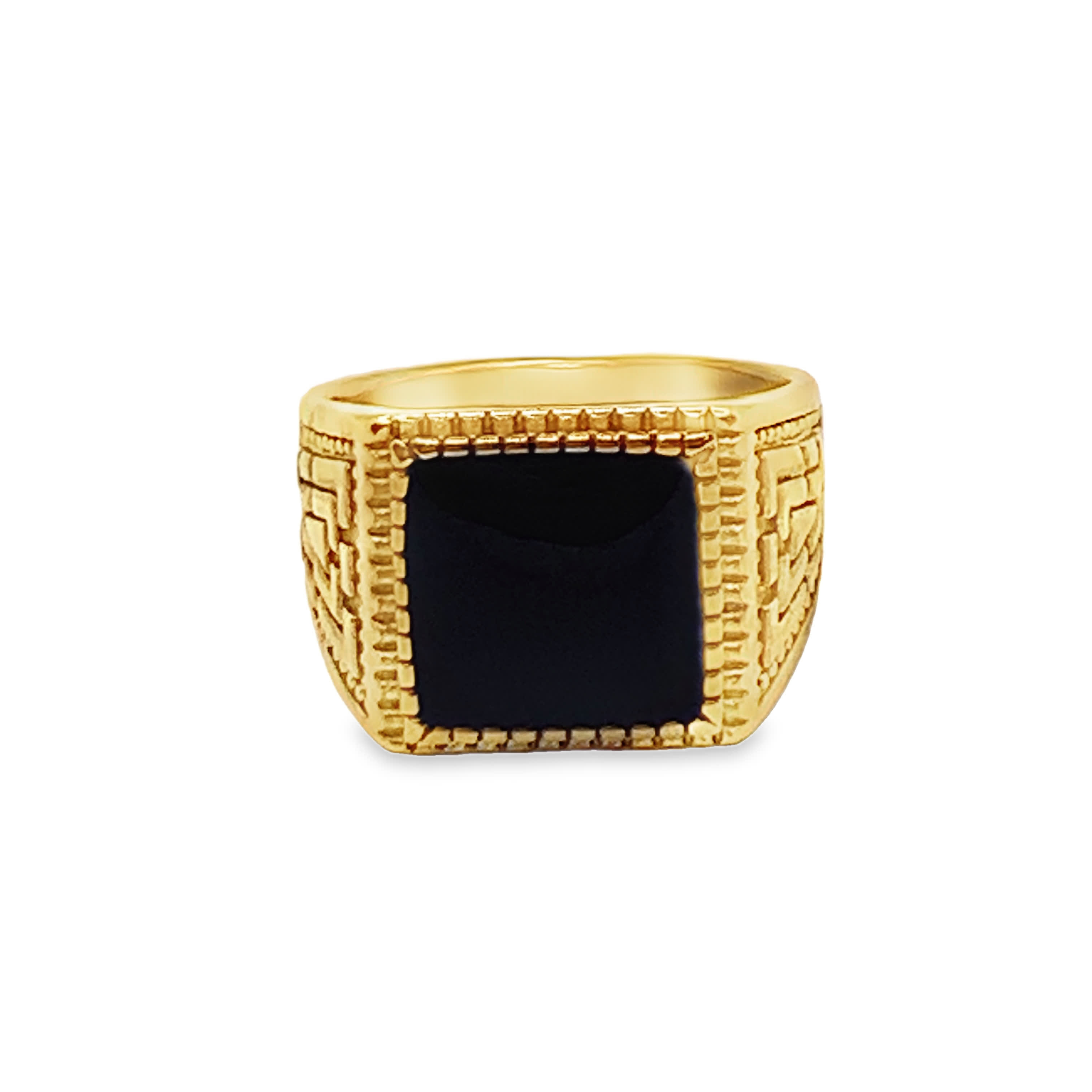 Sygnet ze złoconej stali z kwadratowym kaboszonem onyksu