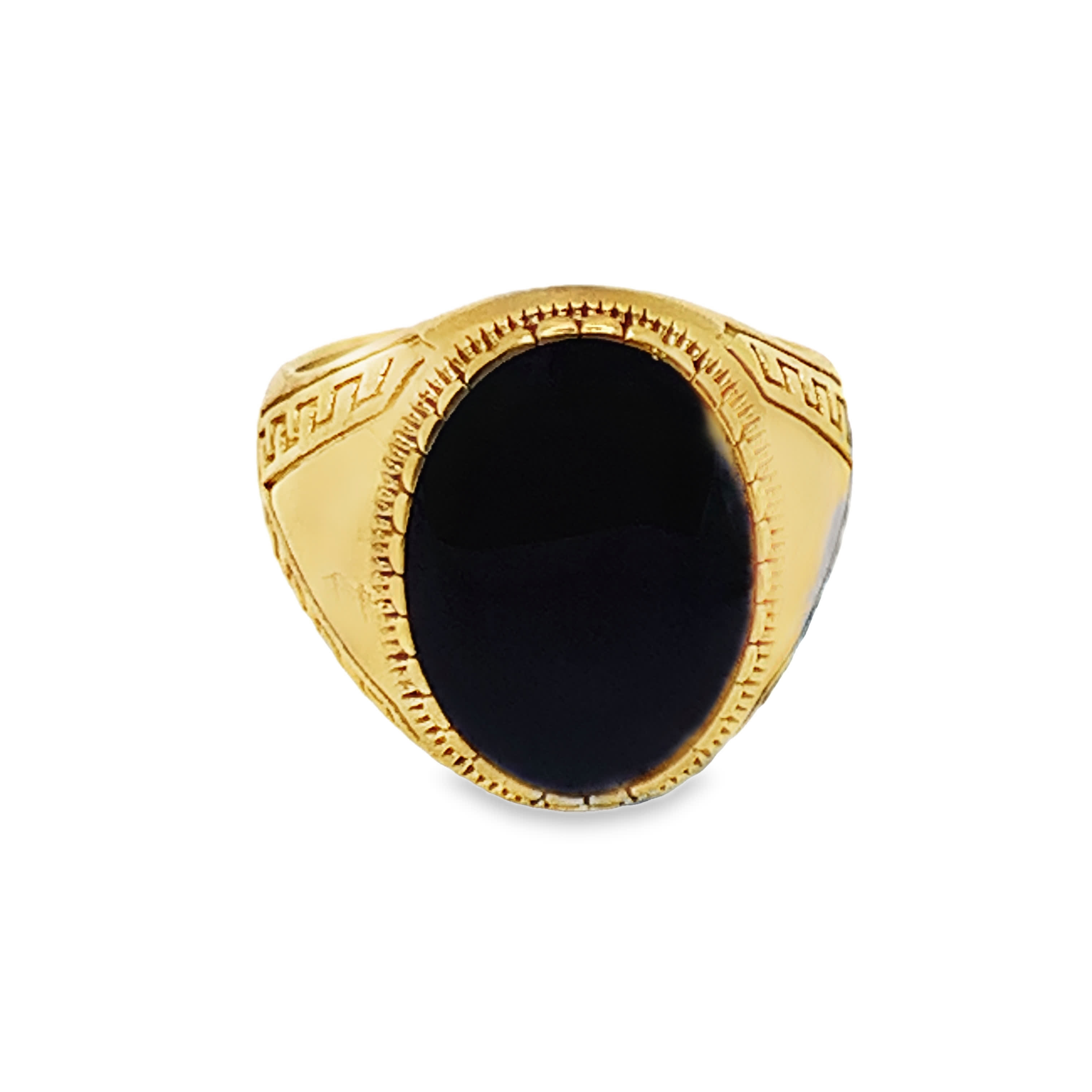 Sygnet ze złoconej stali z kwadratowym kaboszonem onyksu