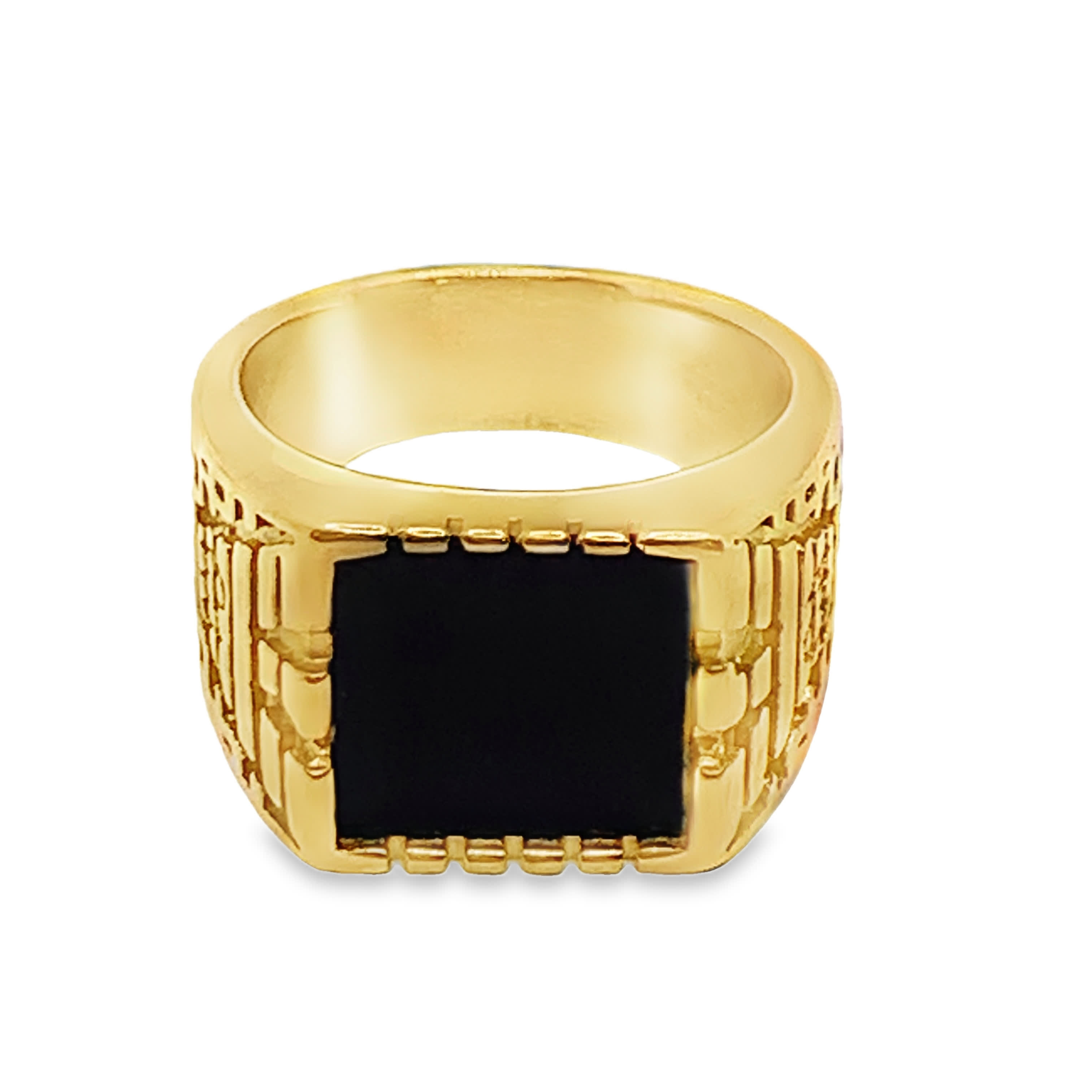 Sygnet ze złoconej stali z kwadratowym kaboszonem onyksu