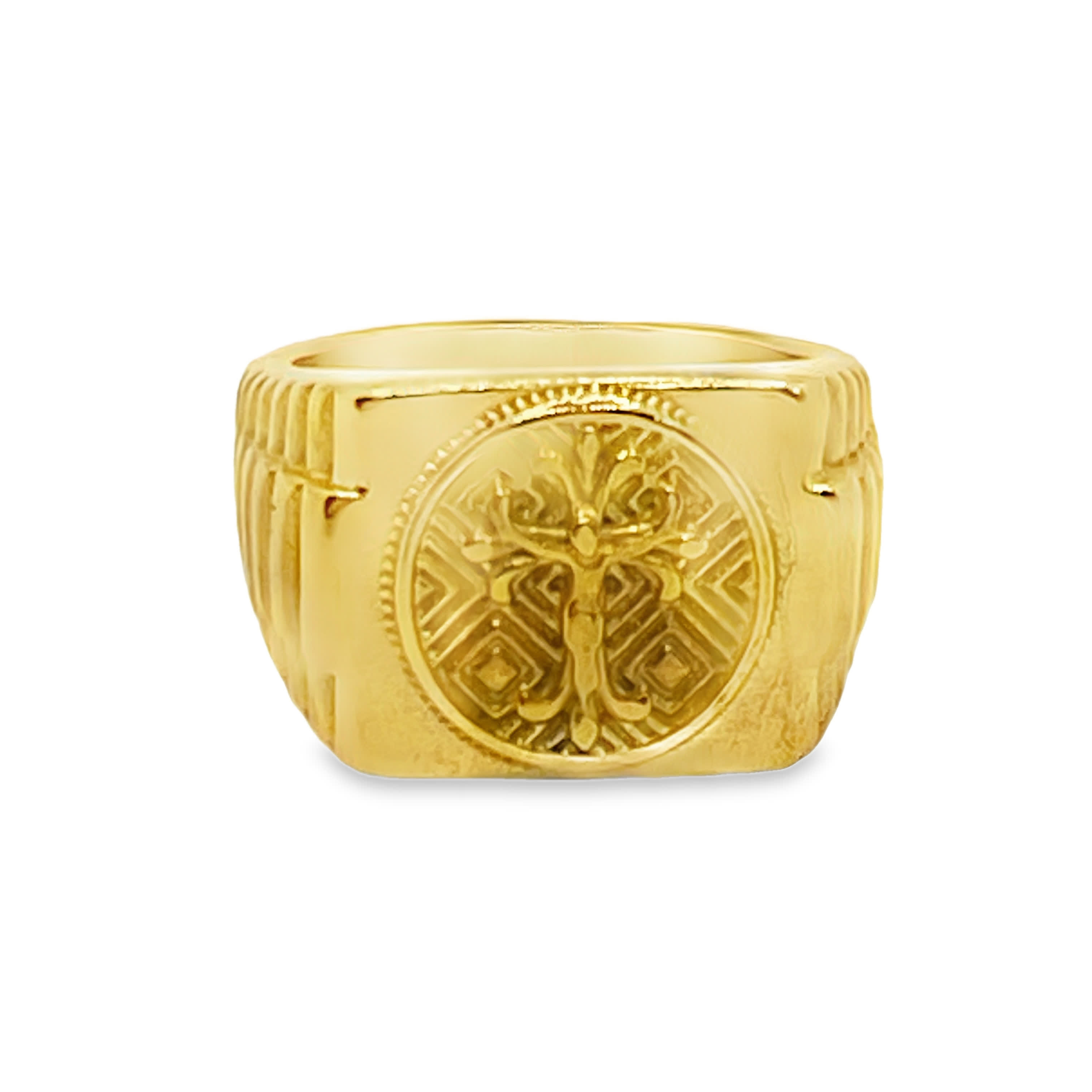 Sygnet ze złoconej stali z ozdobnym wzorem drzewa